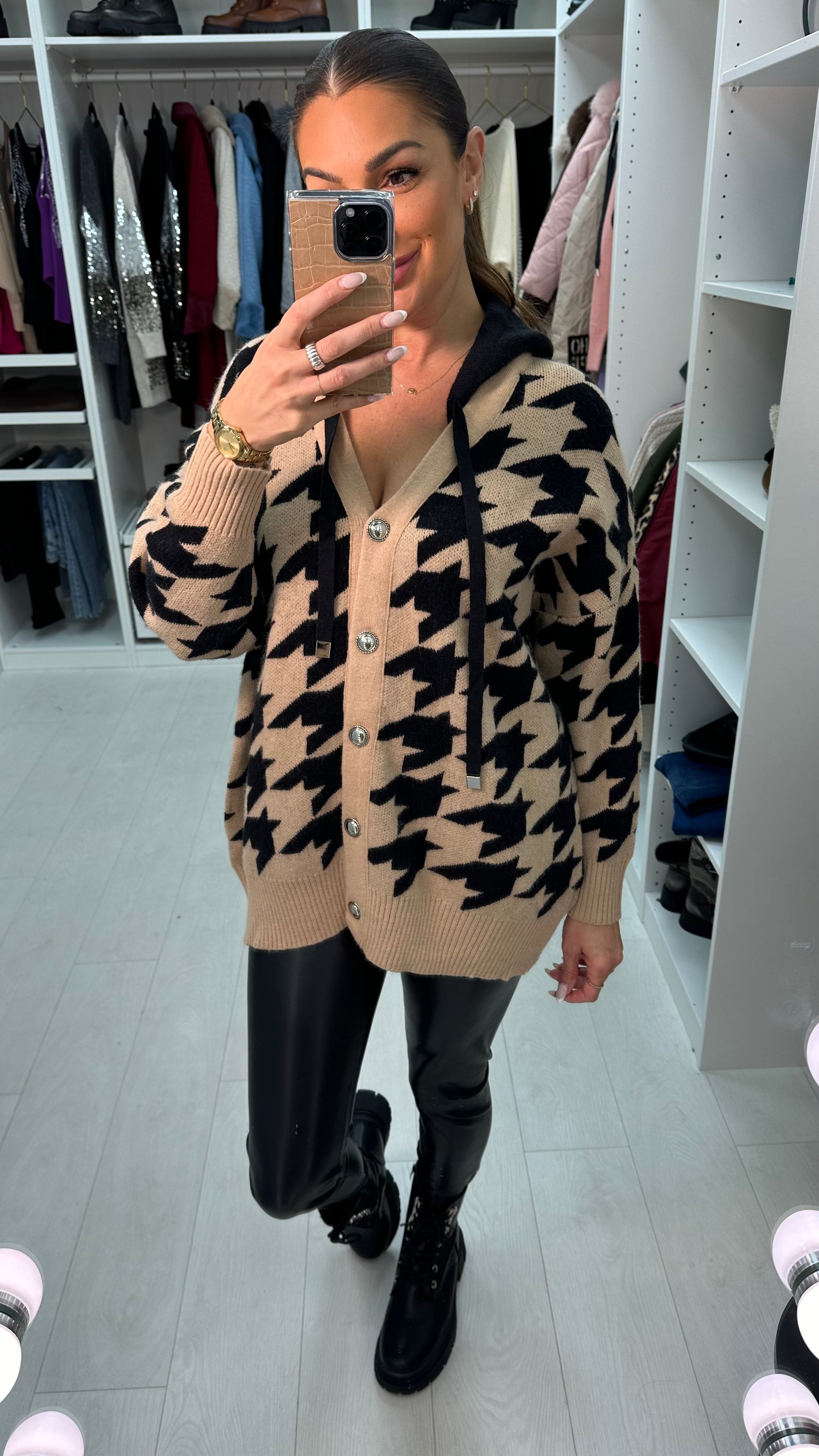 Evra Houndstooth Hooded Chunky Cardigan