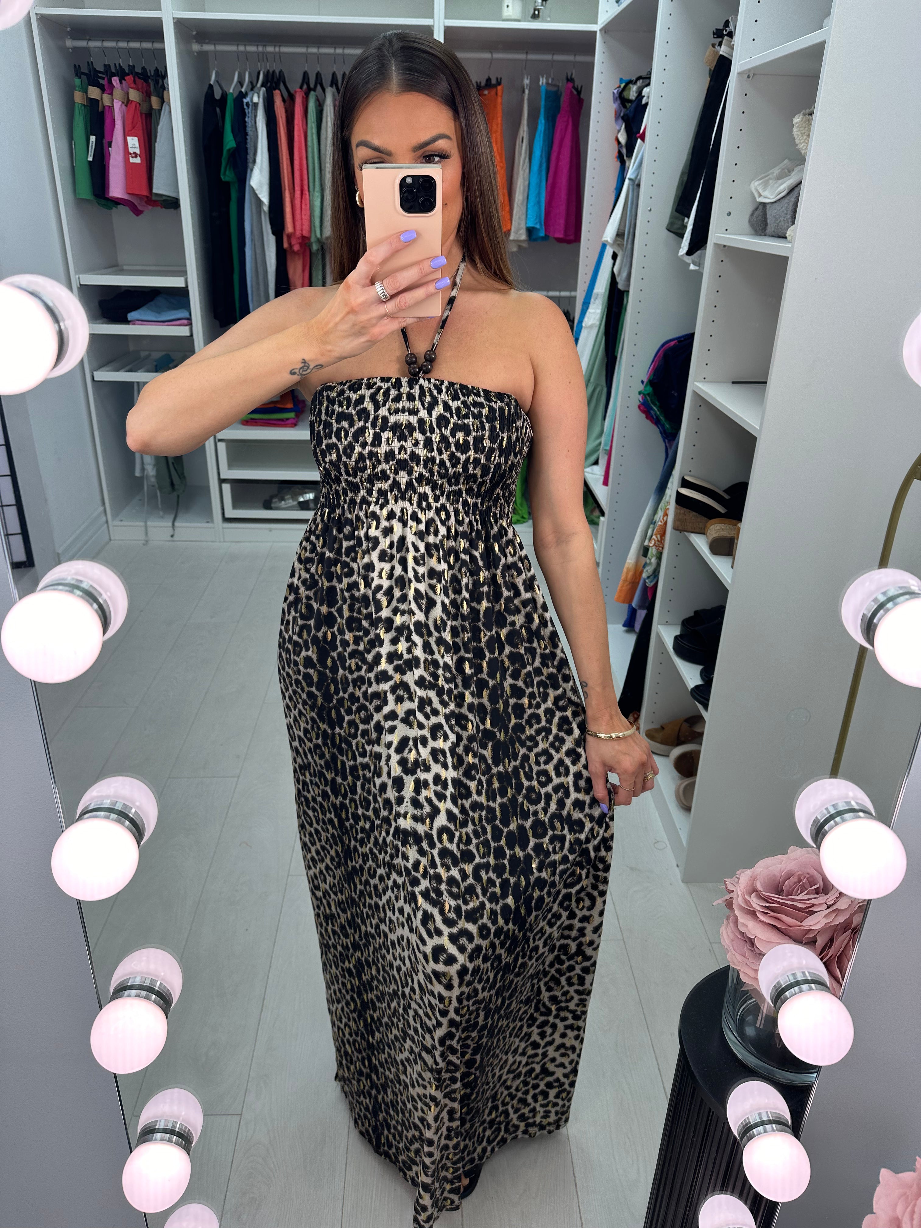 Bergamo Beige Leopard Print Elasticated Bust Maxi Dress