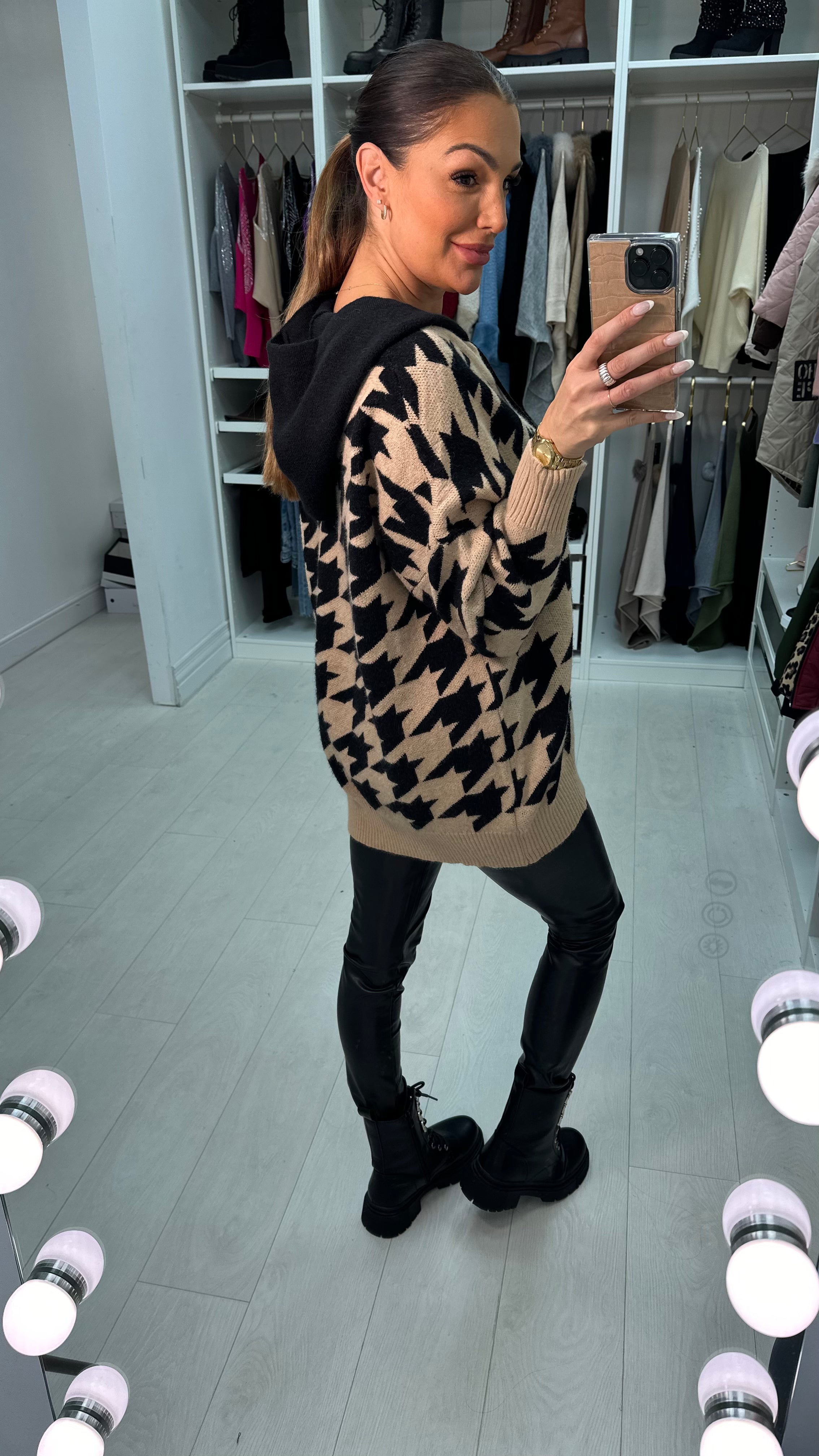 Evra Houndstooth Hooded Chunky Cardigan