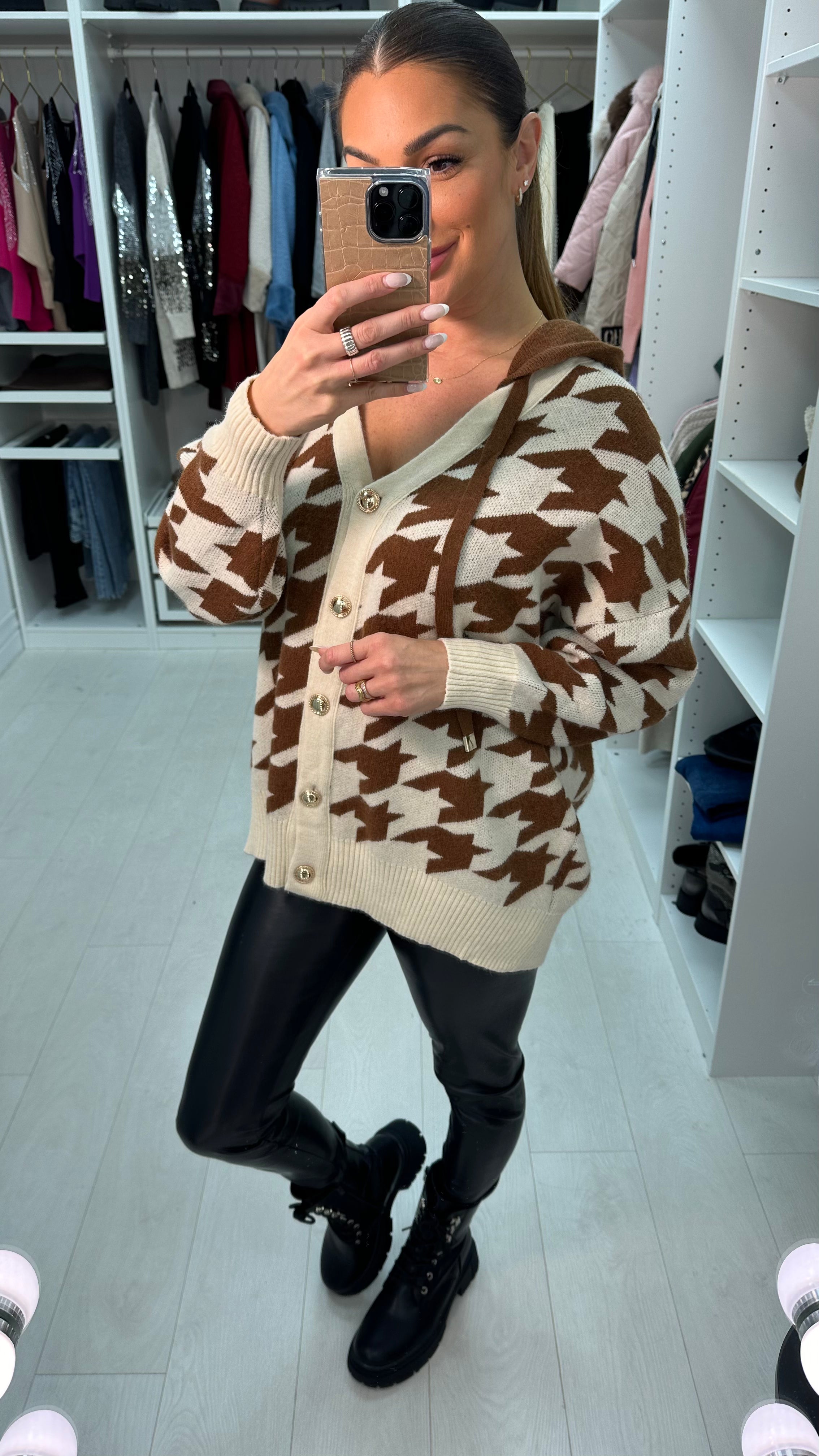 Evra Houndstooth Hooded Chunky Cardigan