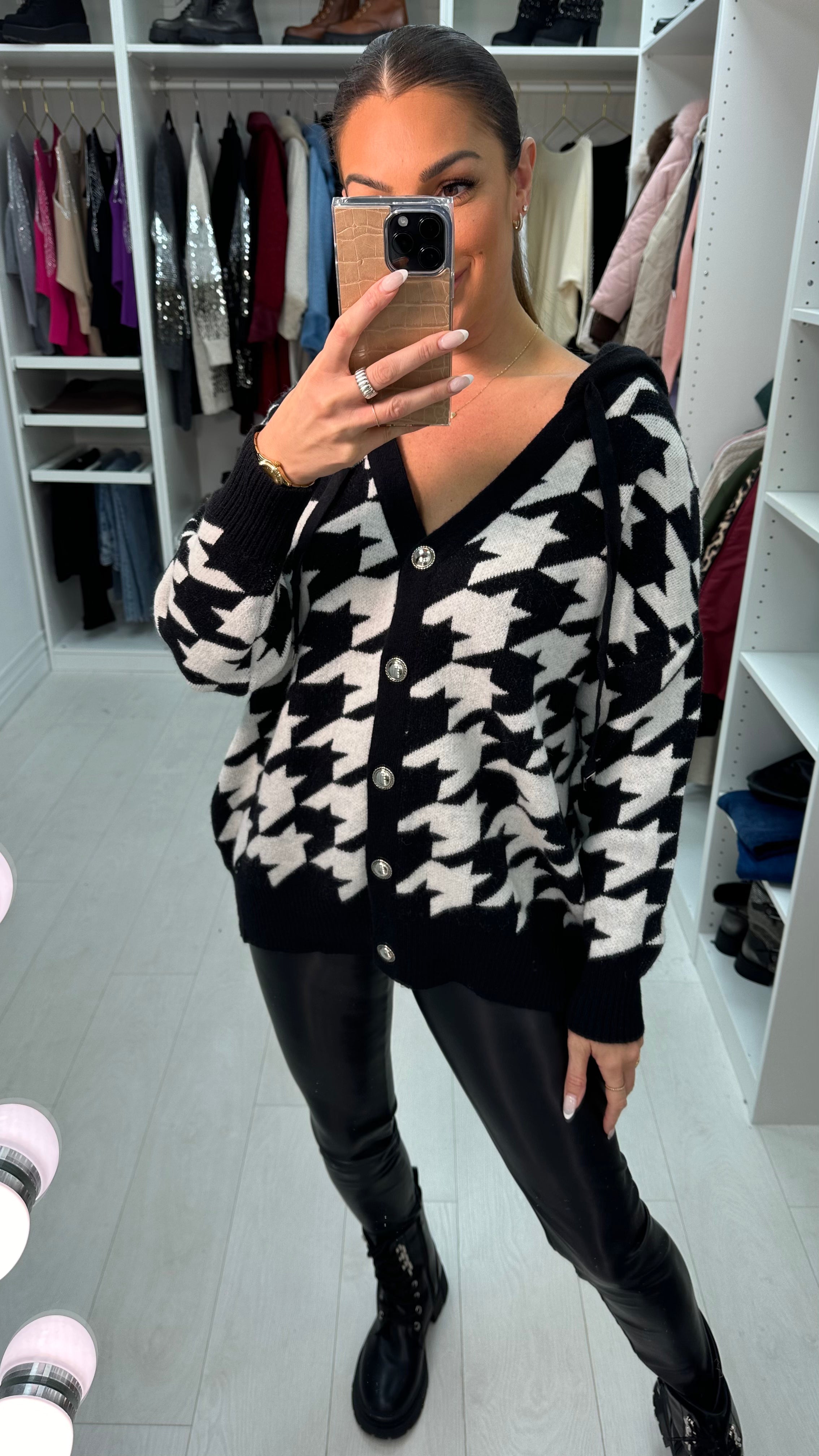 Evra Houndstooth Hooded Chunky Cardigan