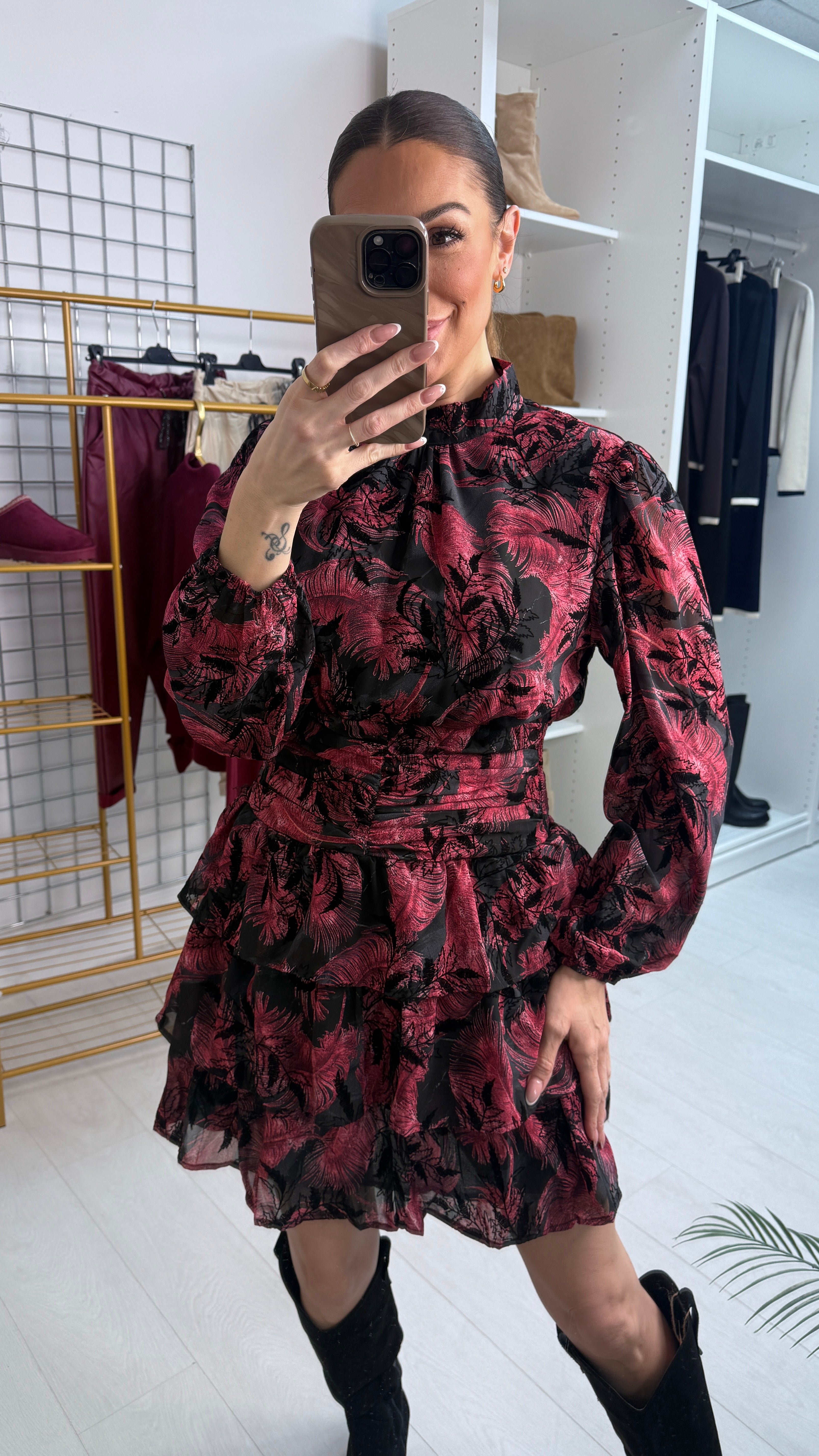 Bellamy Leaf Print Shirred Waist Mini Dress