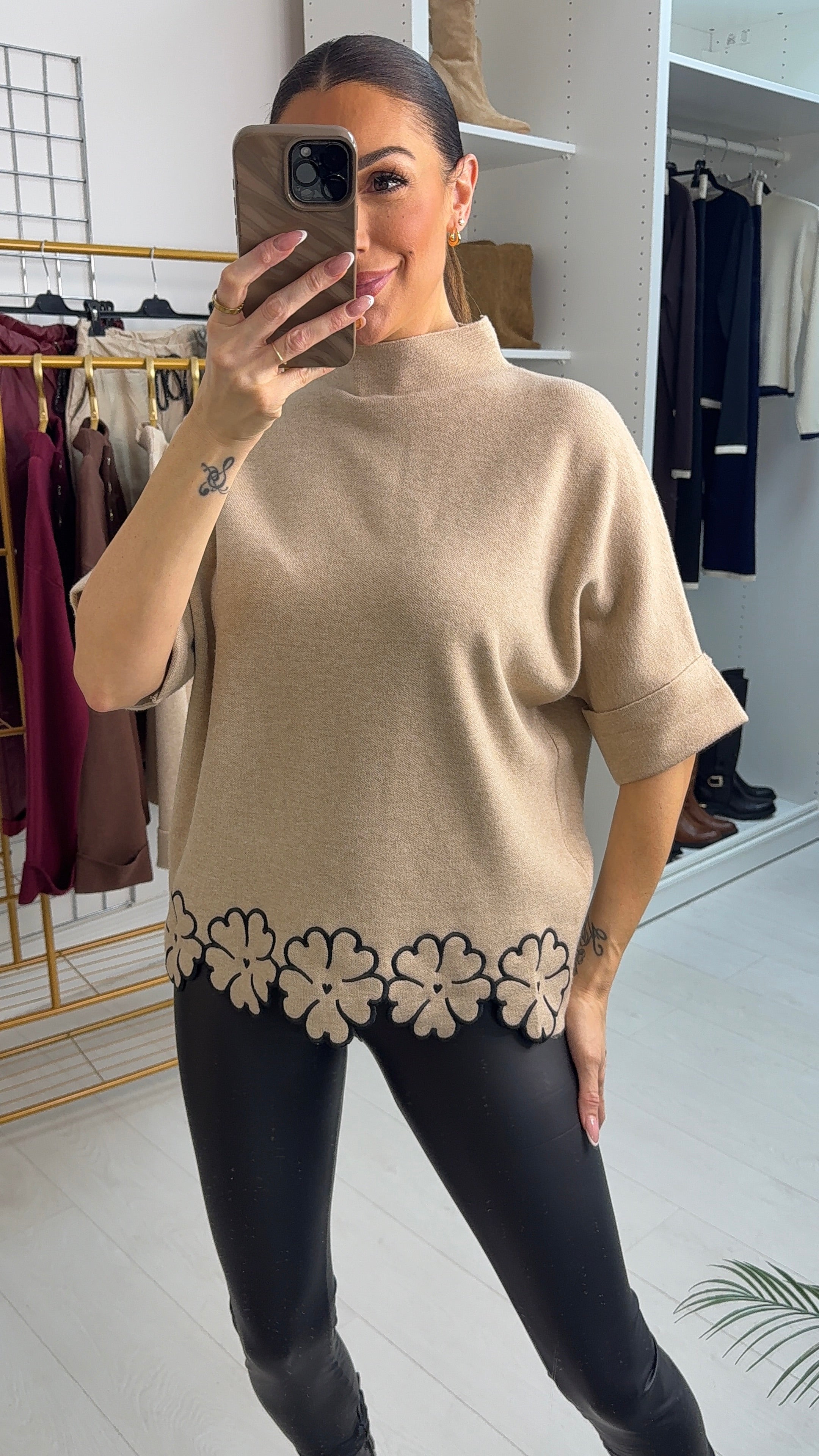 Bethie Plain Floral Trim High Neck Jumper