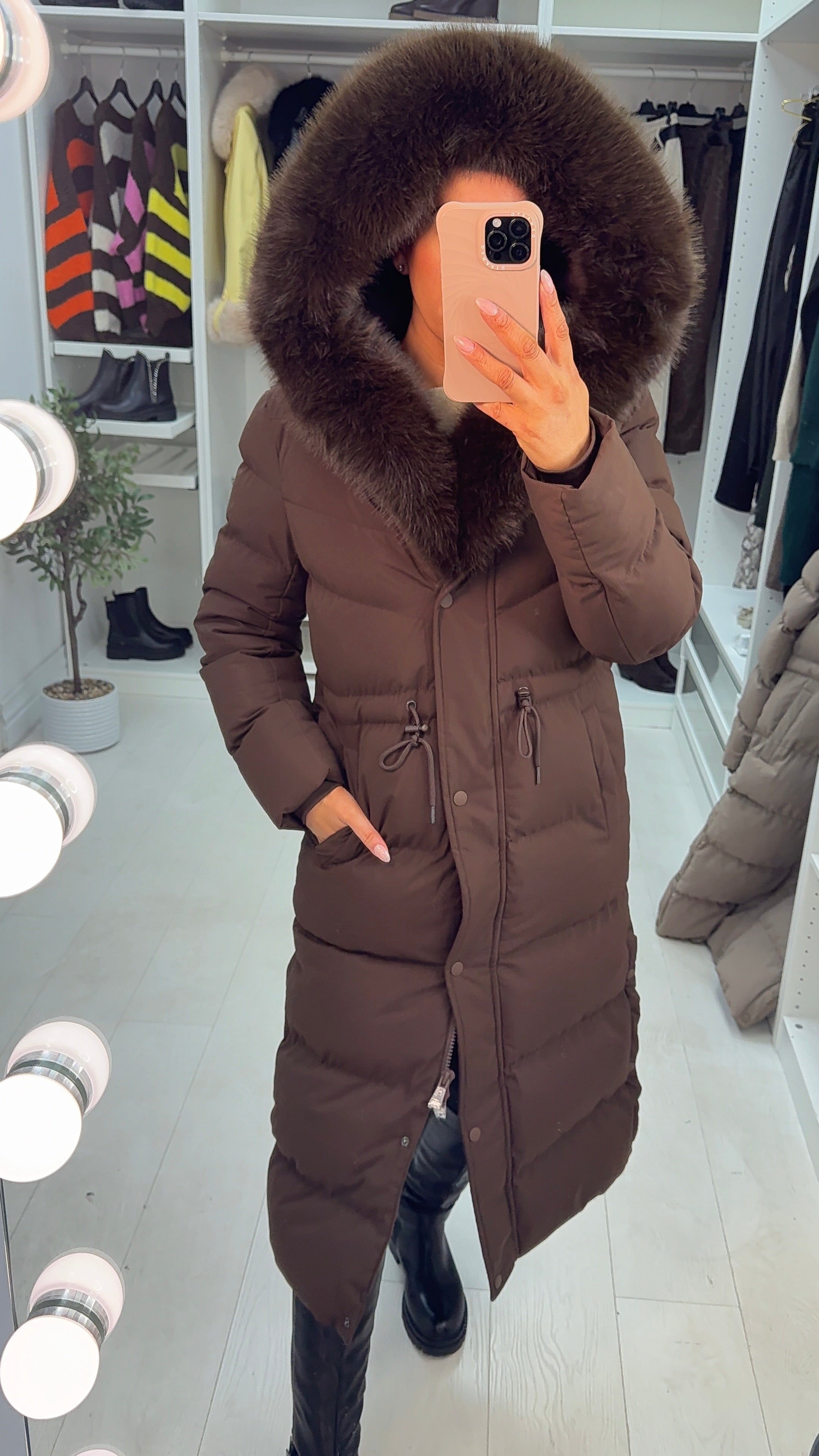 Alberta Chocolate Padded Faux Fur Hooded Coat