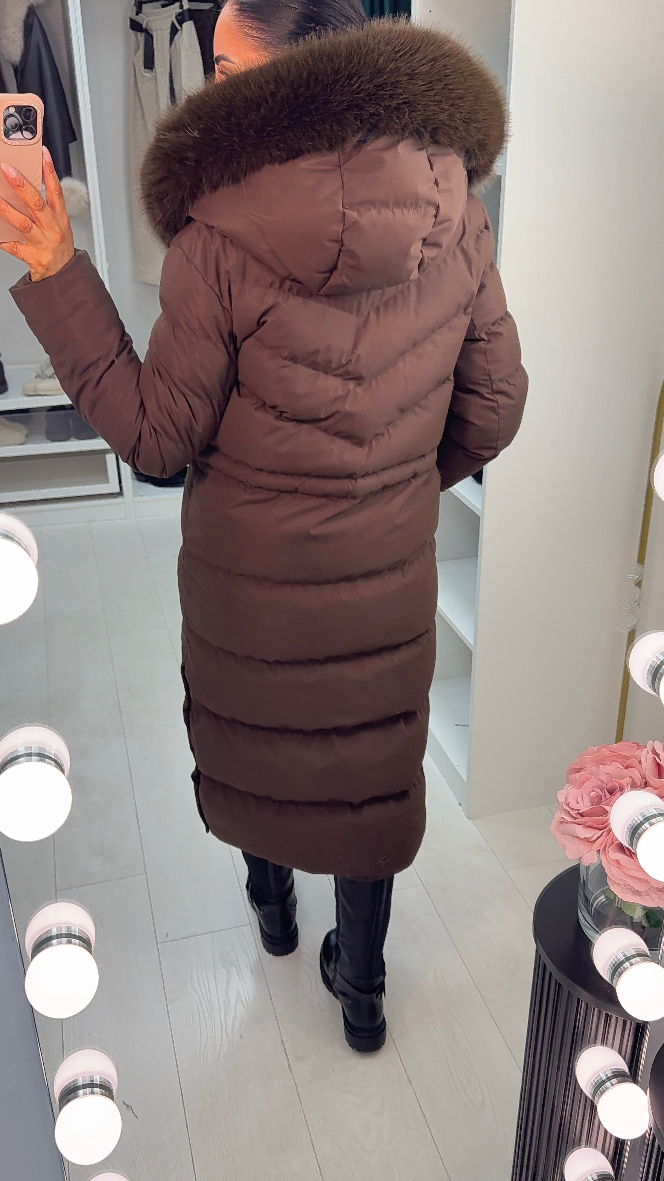 Alberta Chocolate Padded Faux Fur Hooded Coat