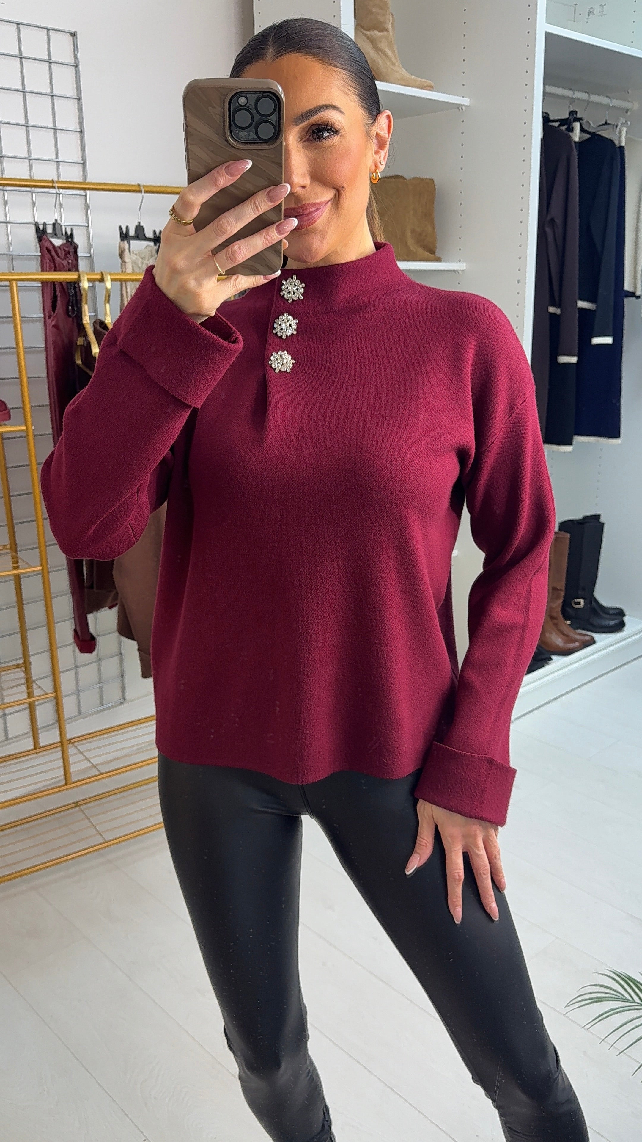 Candie Plain Embellished Button High Neck Jumper