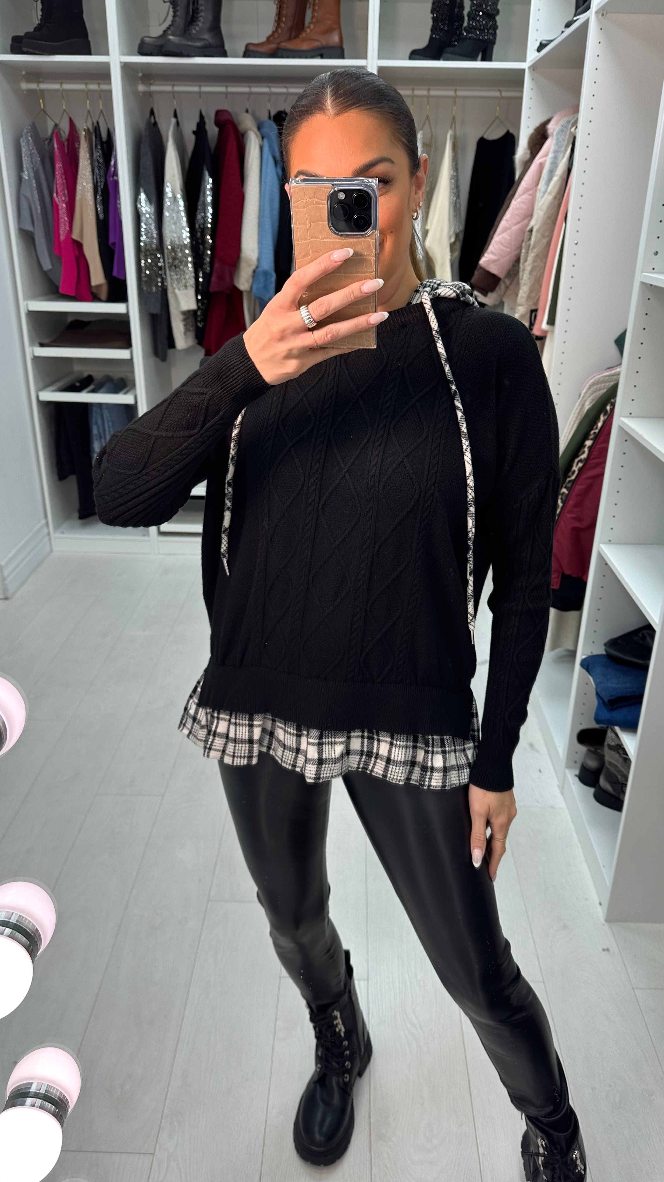 Nur Check Trim Hooded Waffle Knit Jumper