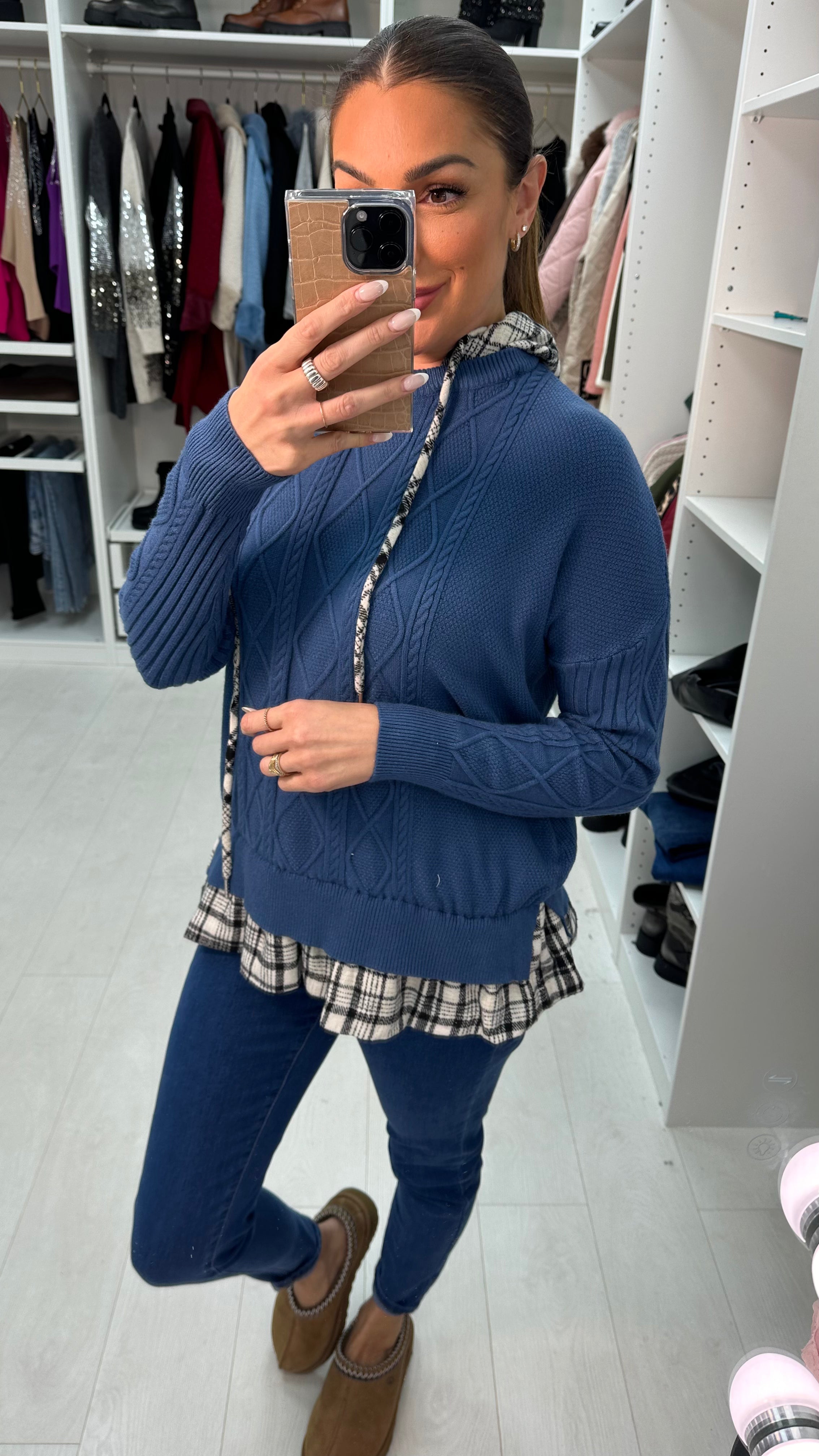 Nur Check Trim Hooded Waffle Knit Jumper