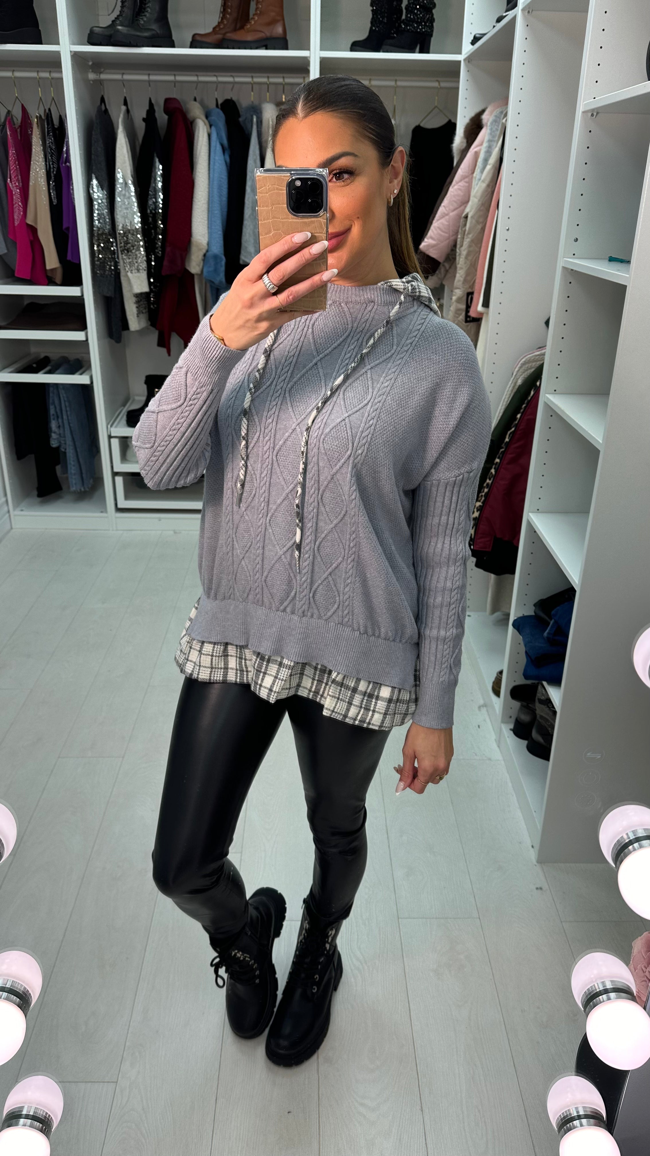 Nur Check Trim Hooded Waffle Knit Jumper