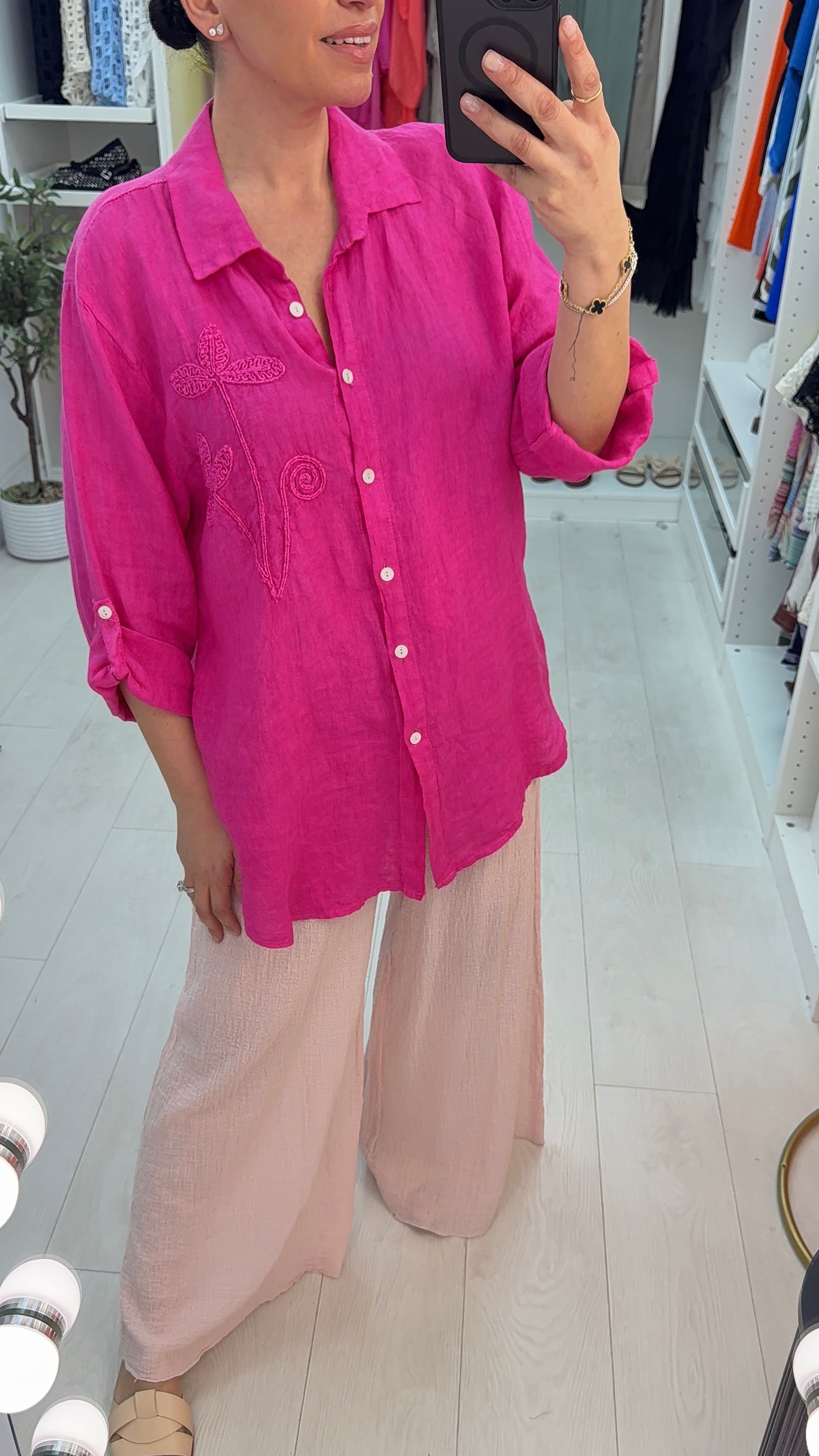 Avira Plain Embroidered Detail Dipped Hem Linen Shirt