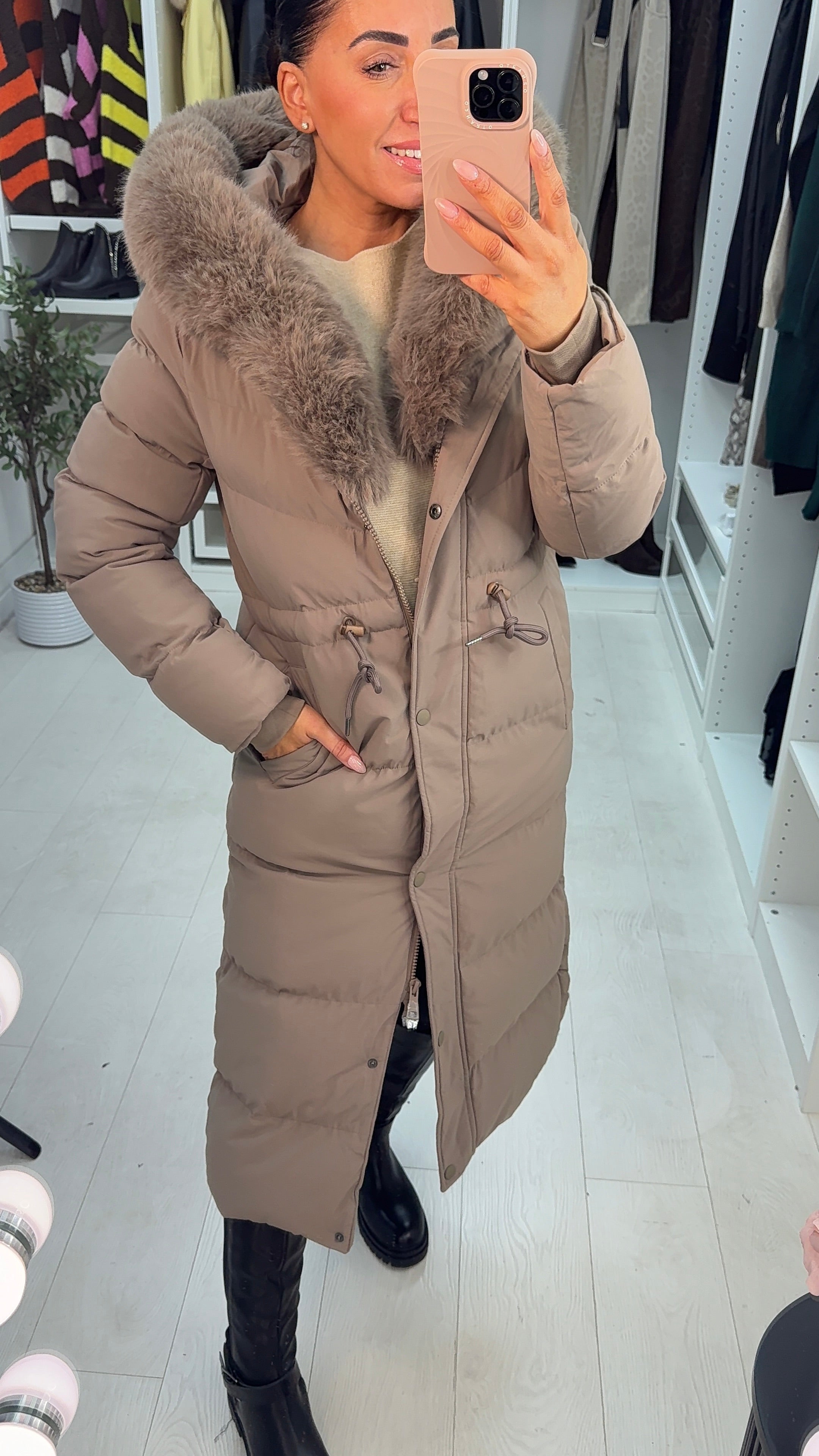 Alberta Mocha Padded Faux Fur Hooded Coat