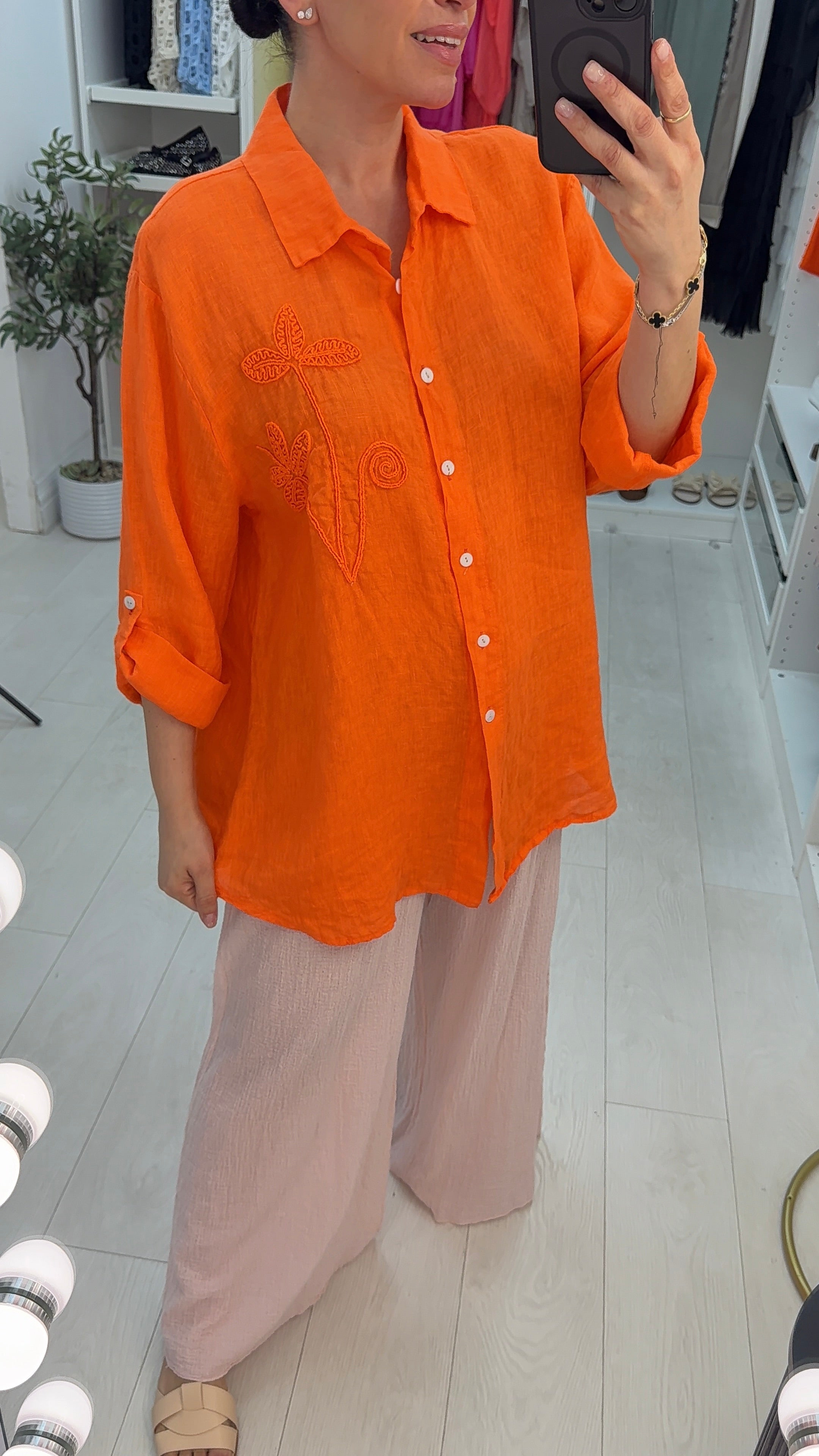 Avira Plain Embroidered Detail Dipped Hem Linen Shirt