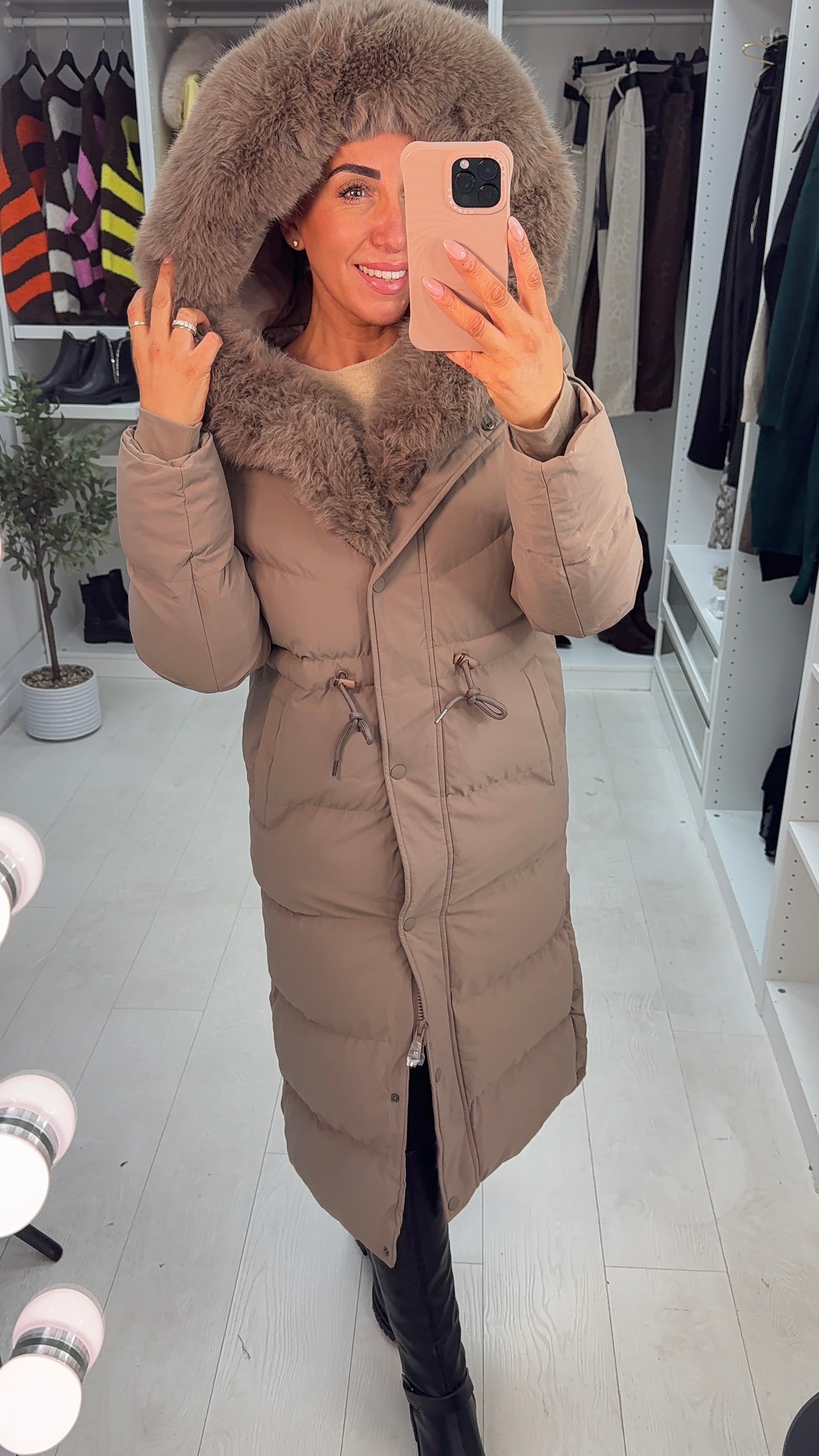 Alberta Mocha Padded Faux Fur Hooded Coat