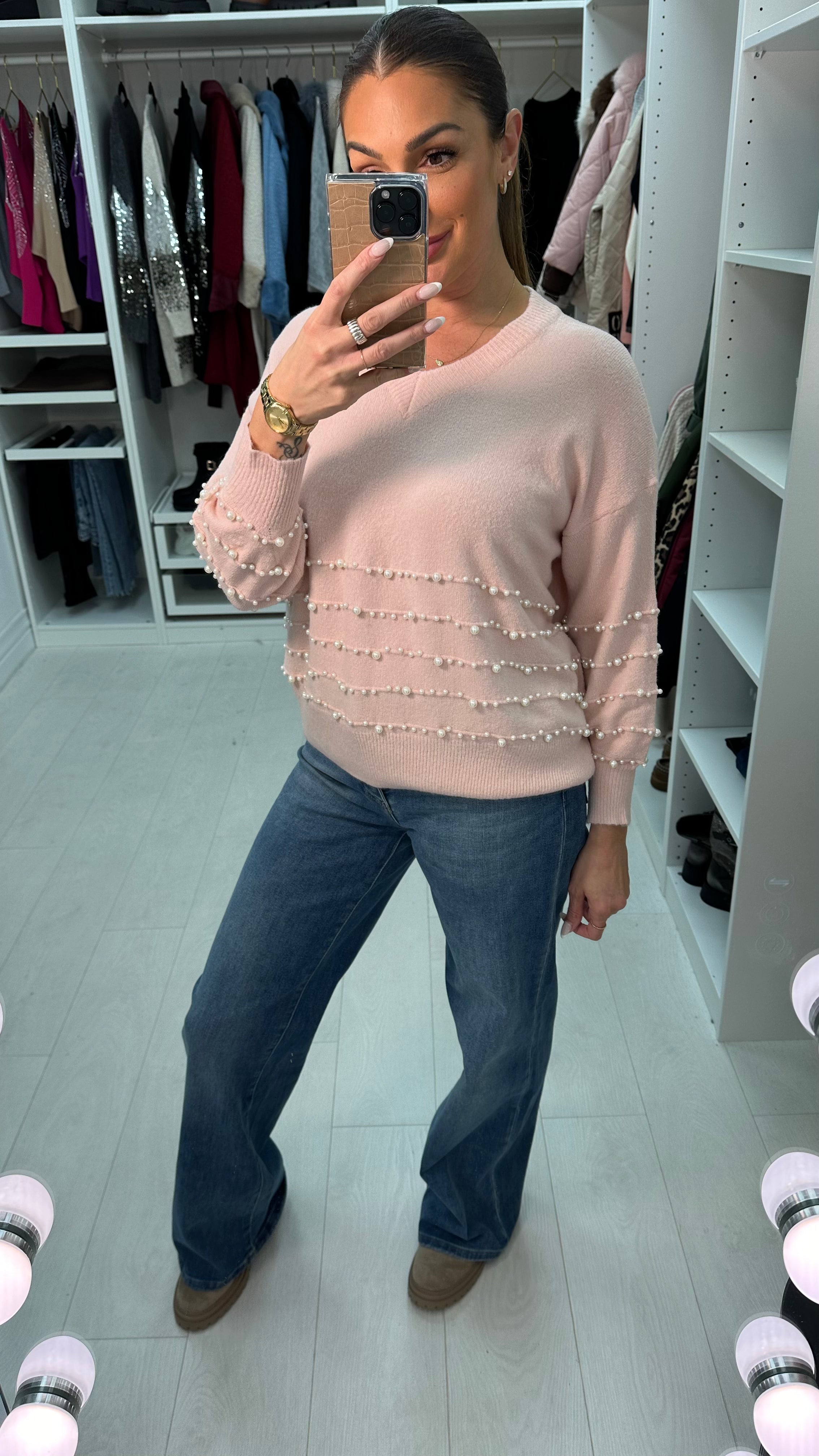 Paisley Plain Pearl Detail V Neck Jumper