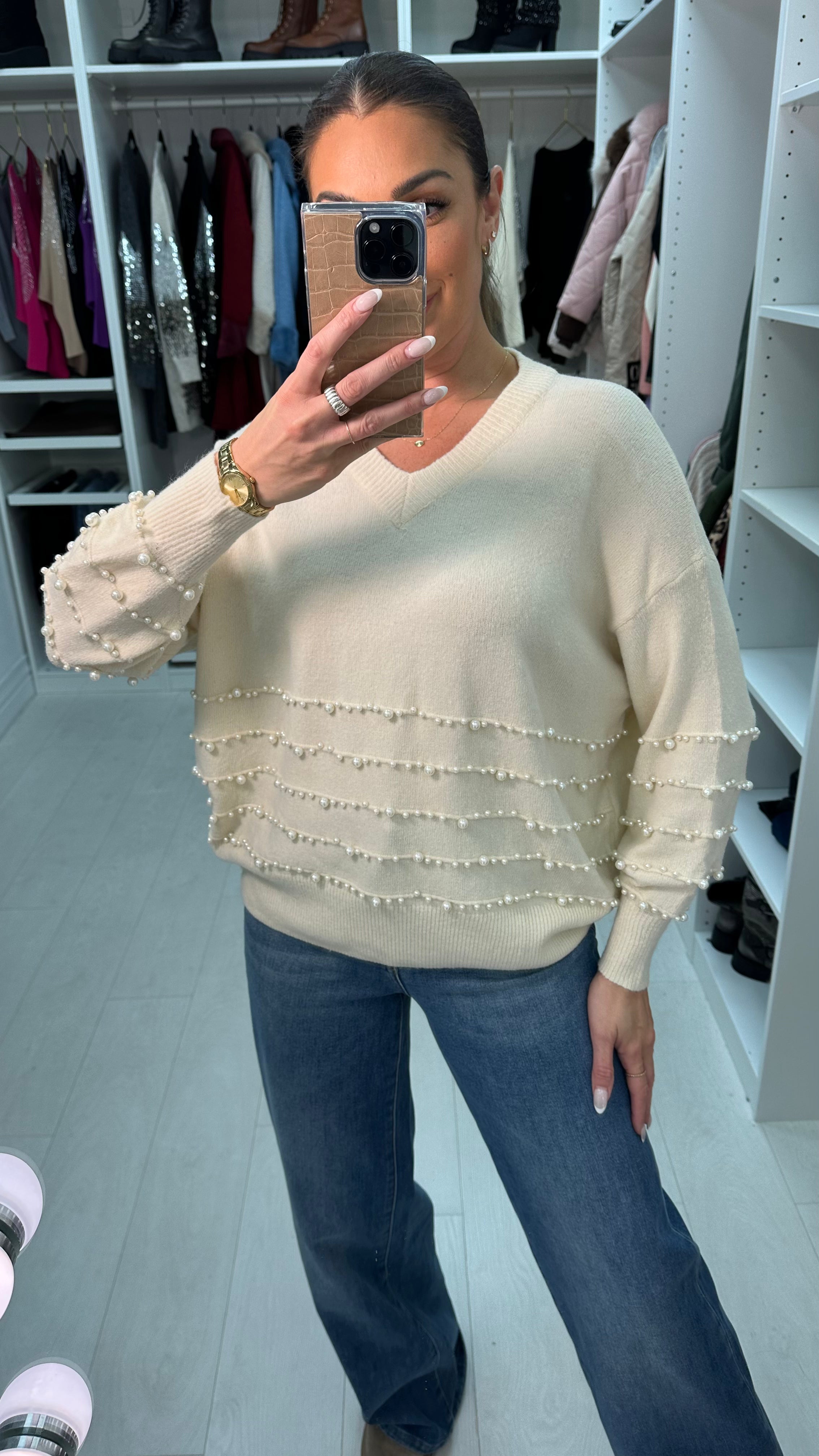 Paisley Plain Pearl Detail V Neck Jumper