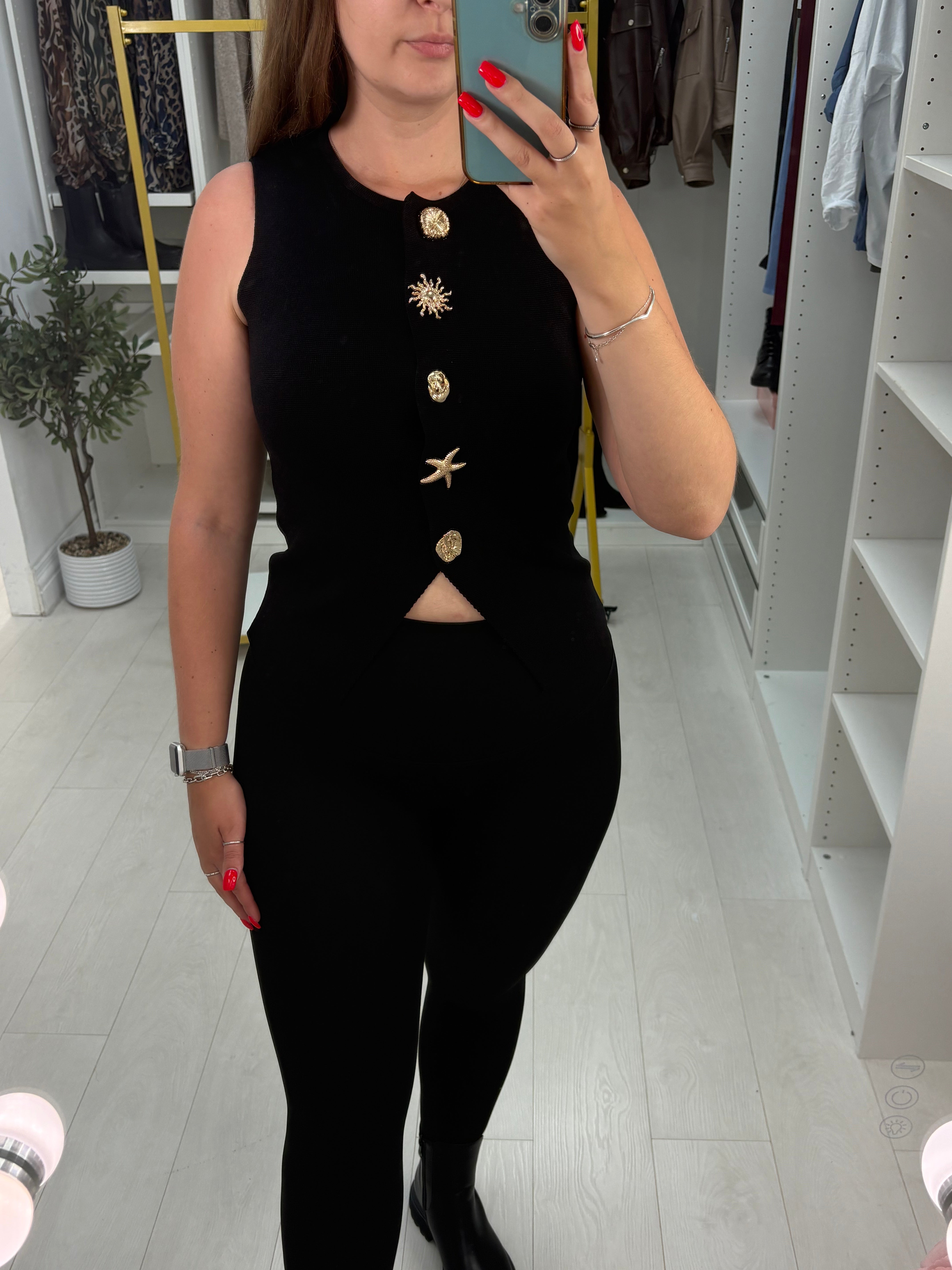 Natasha Embellished Button Sleeveless Knit Top