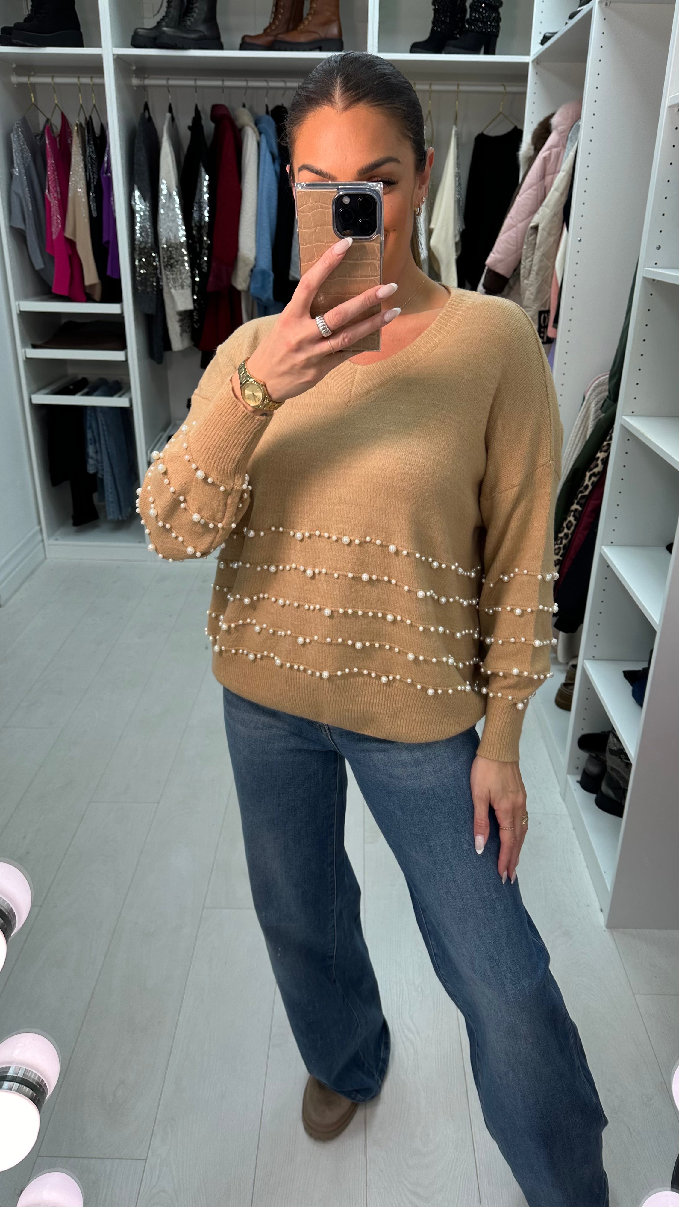 Paisley Plain Pearl Detail V Neck Jumper