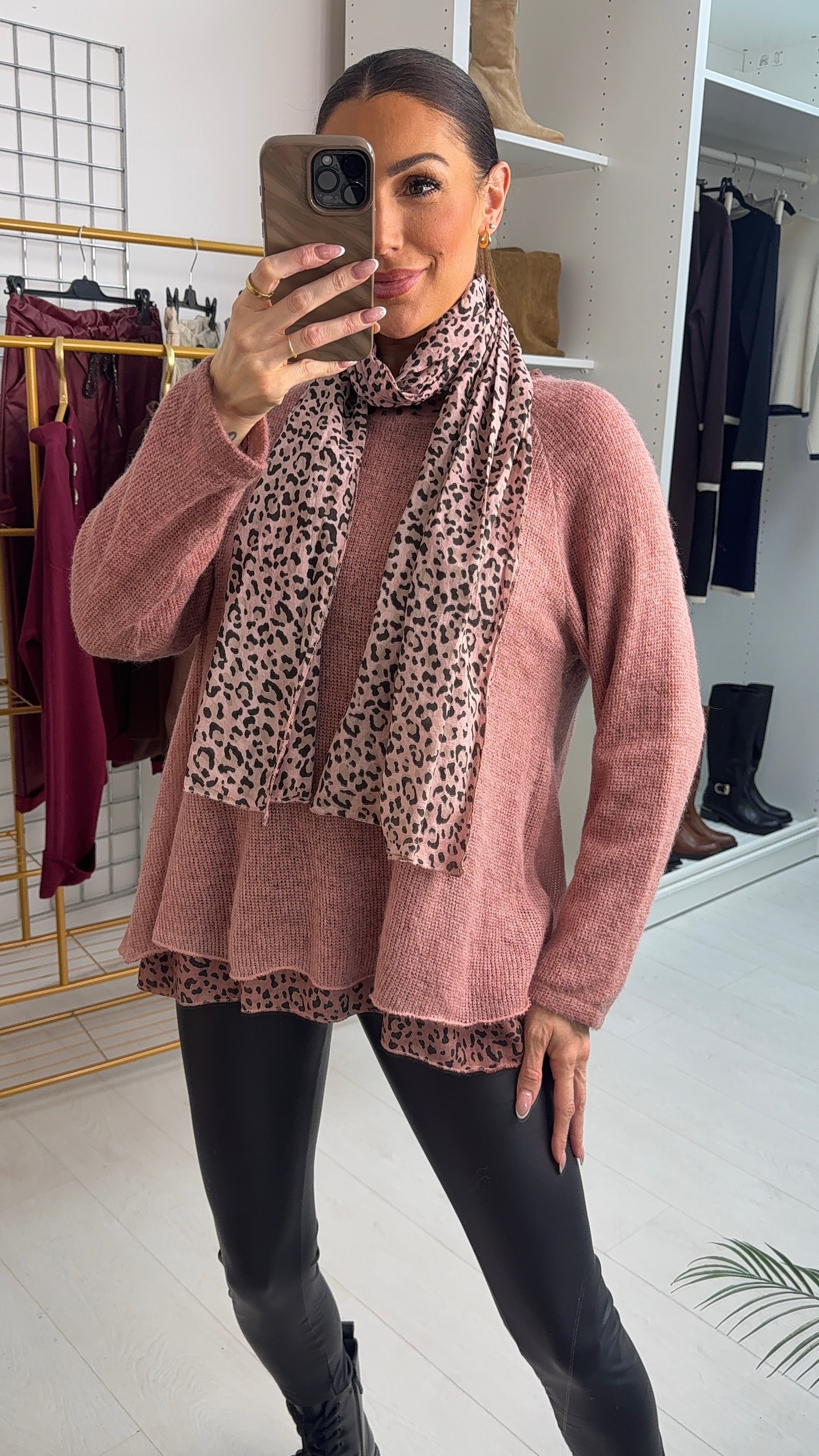 Petria Leopard Print Detailed 2 Piece Scarf Jumper