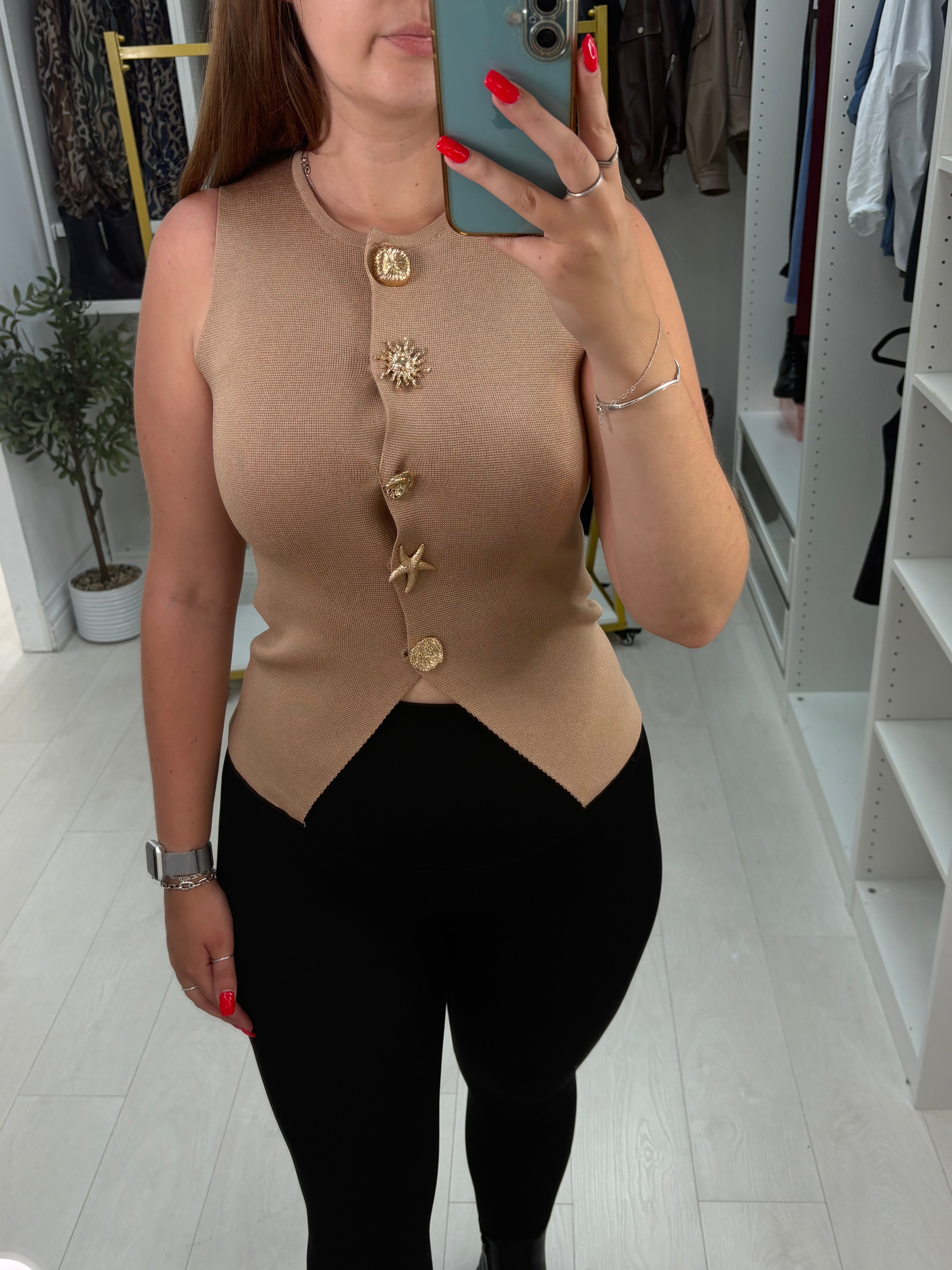 Natasha Embellished Button Sleeveless Knit Top