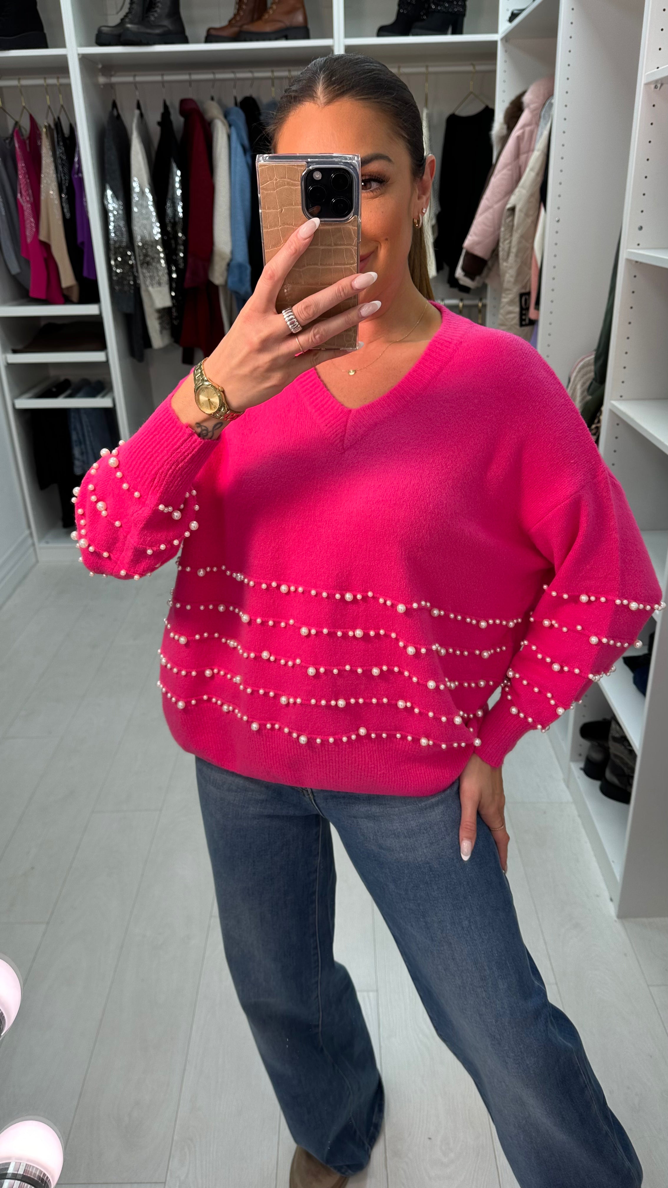 Paisley Plain Pearl Detail V Neck Jumper