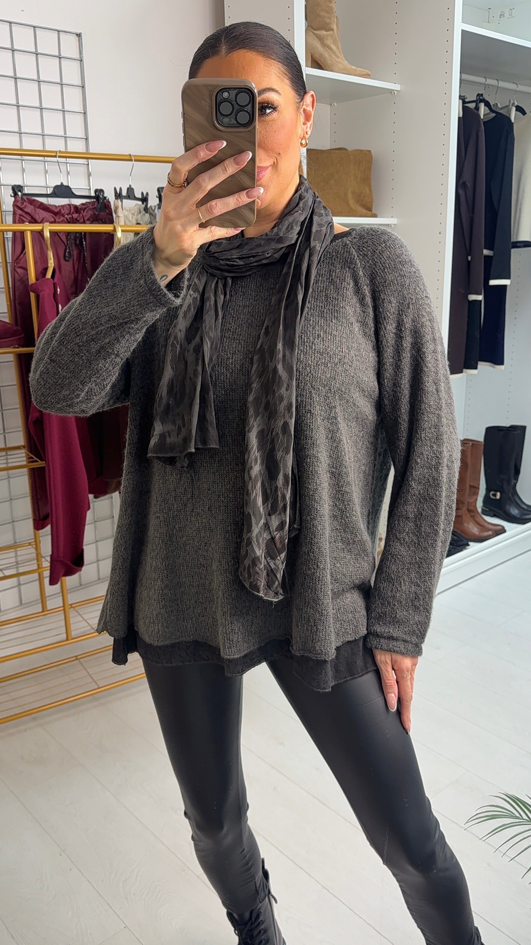 Petria Leopard Print Detailed 2 Piece Scarf Jumper