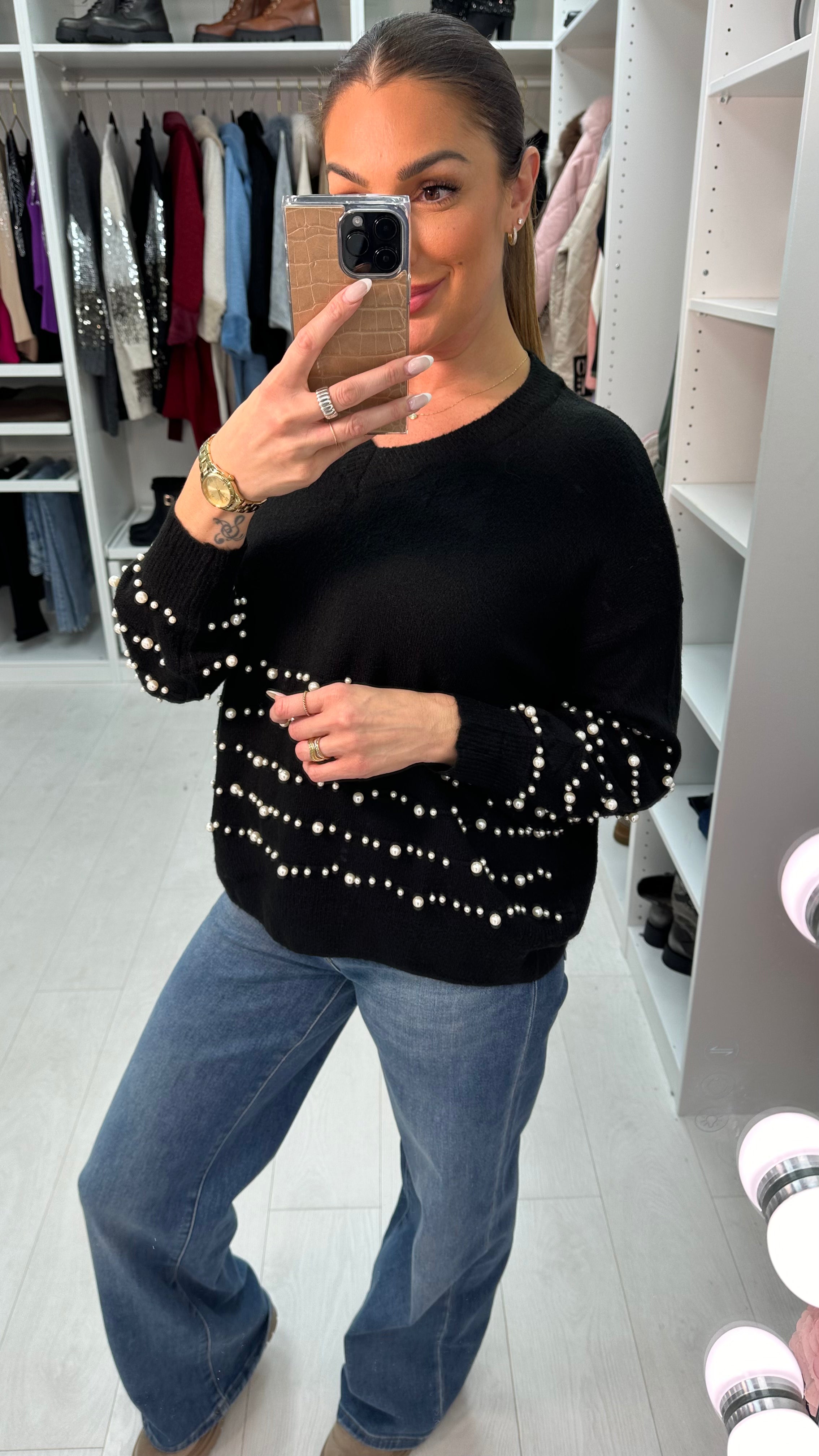 Paisley Plain Pearl Detail V Neck Jumper