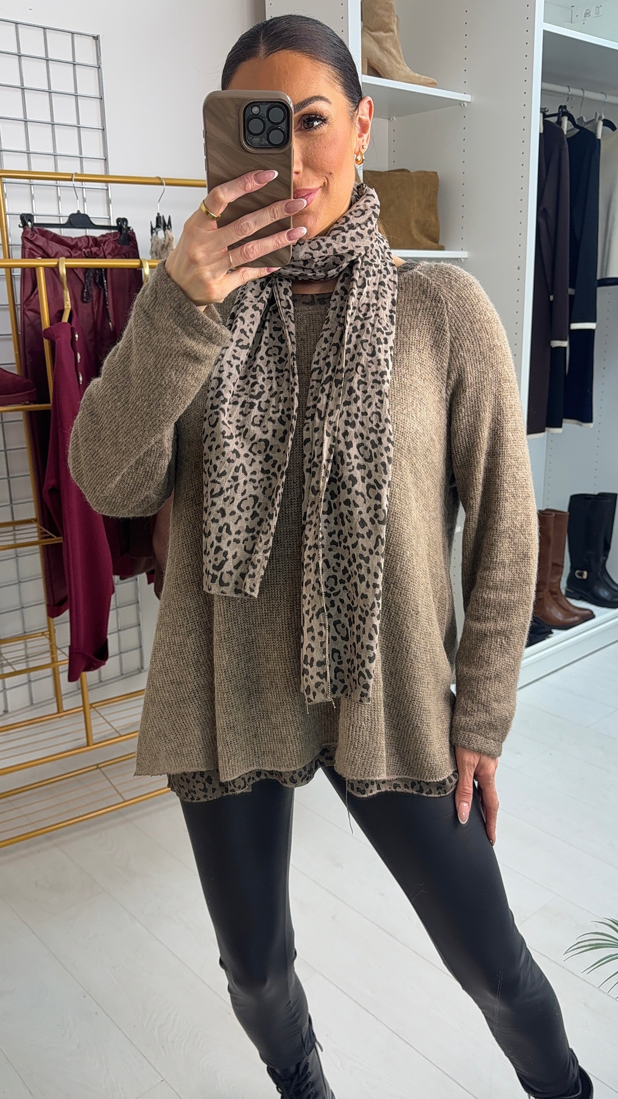 Petria Leopard Print Detailed 2 Piece Scarf Jumper