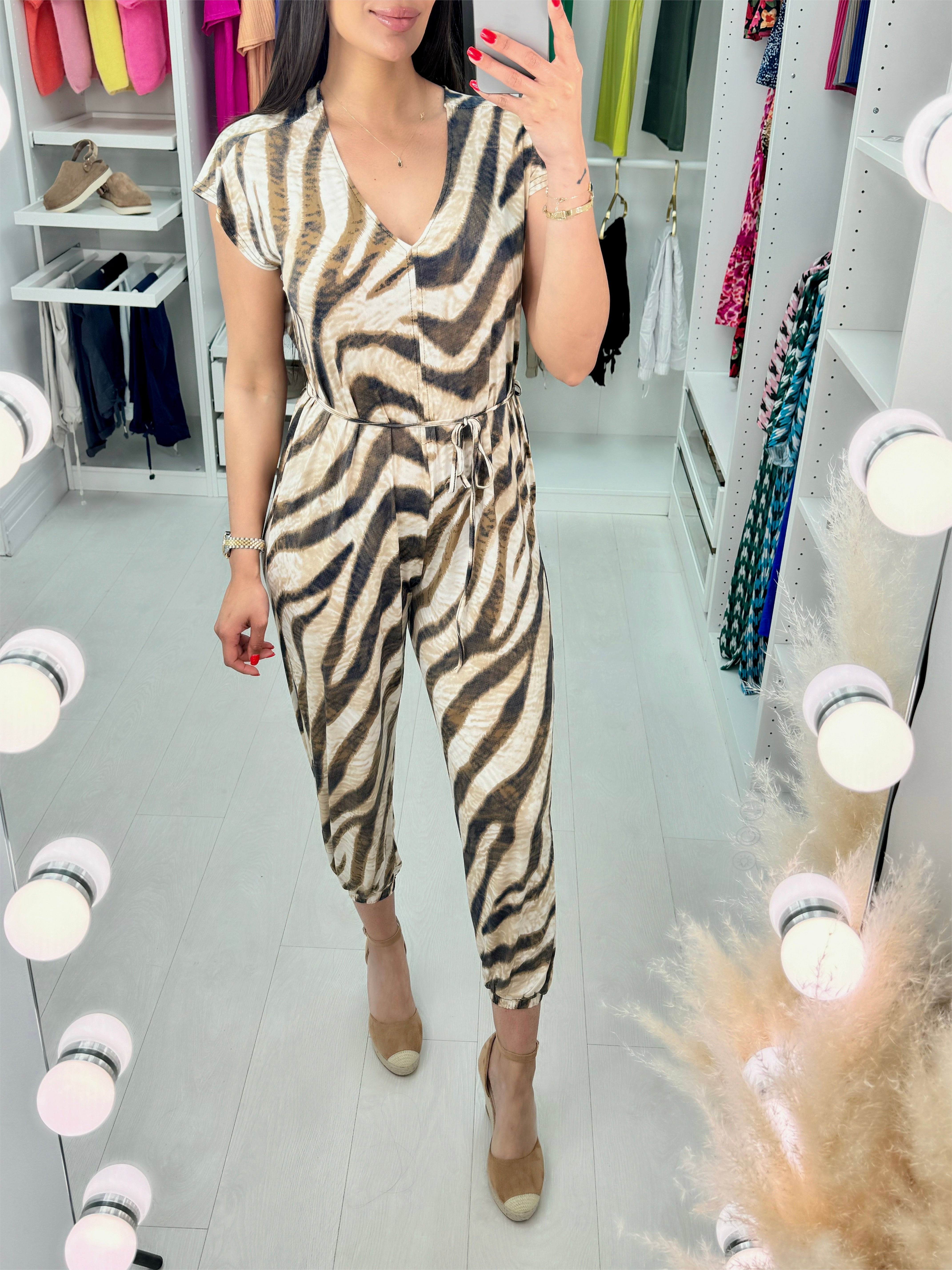 Brisa Tiger Camel Print Tie Waist Jumpsuit