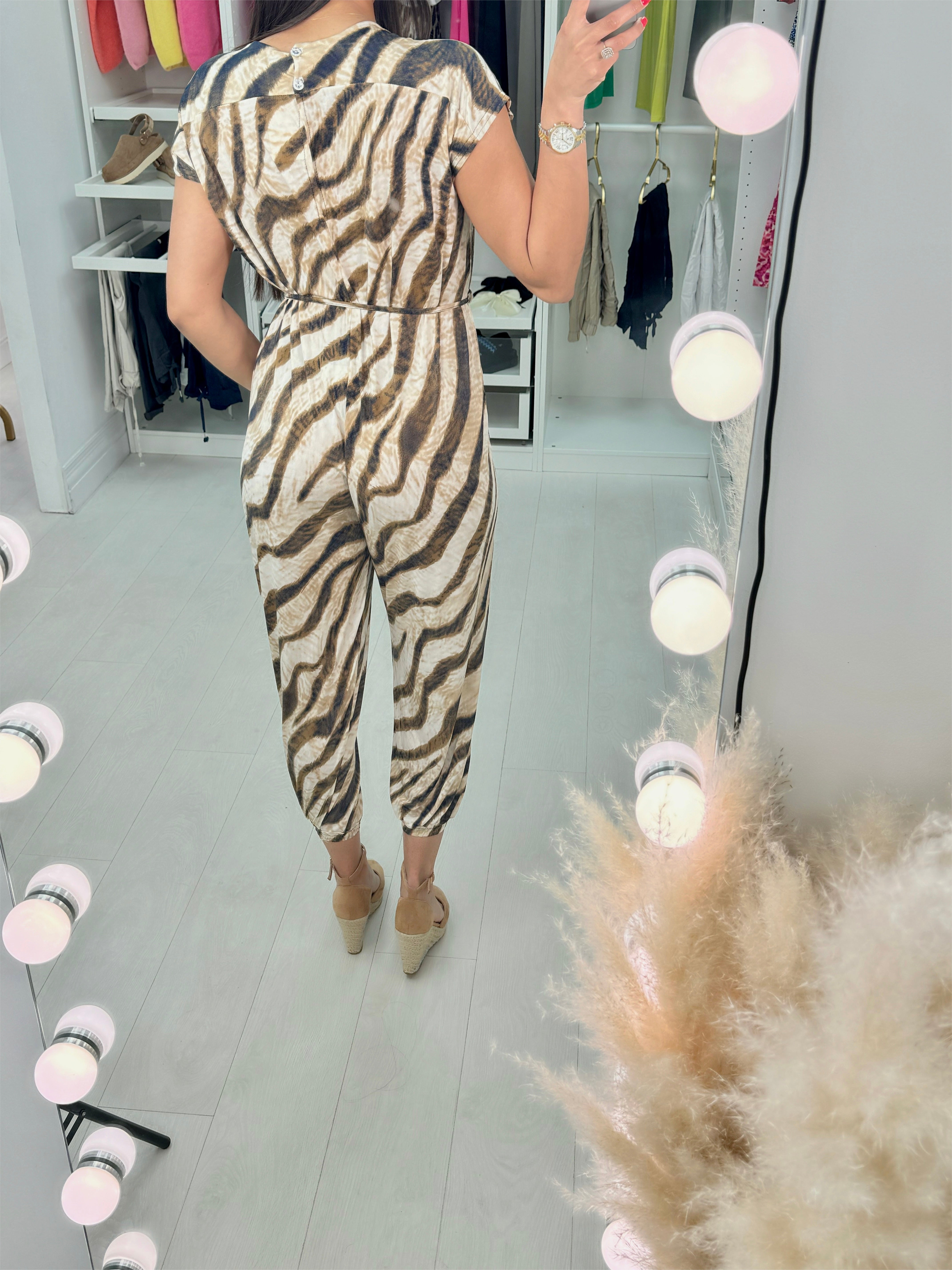 Brisa Tiger Camel Print Tie Waist Jumpsuit