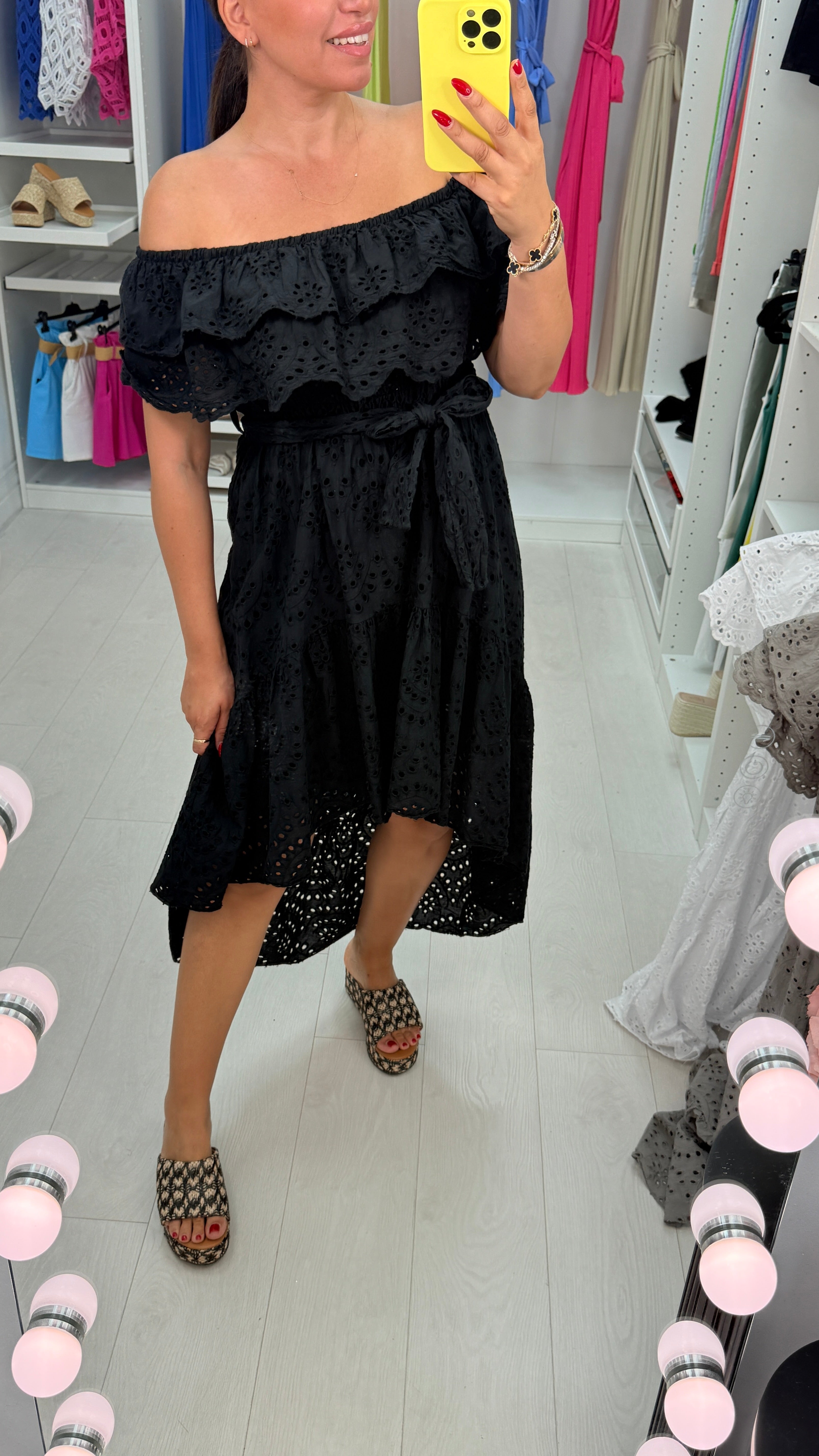 Charmaine Broidery Anglaise Dipped Hem Bardot Dress