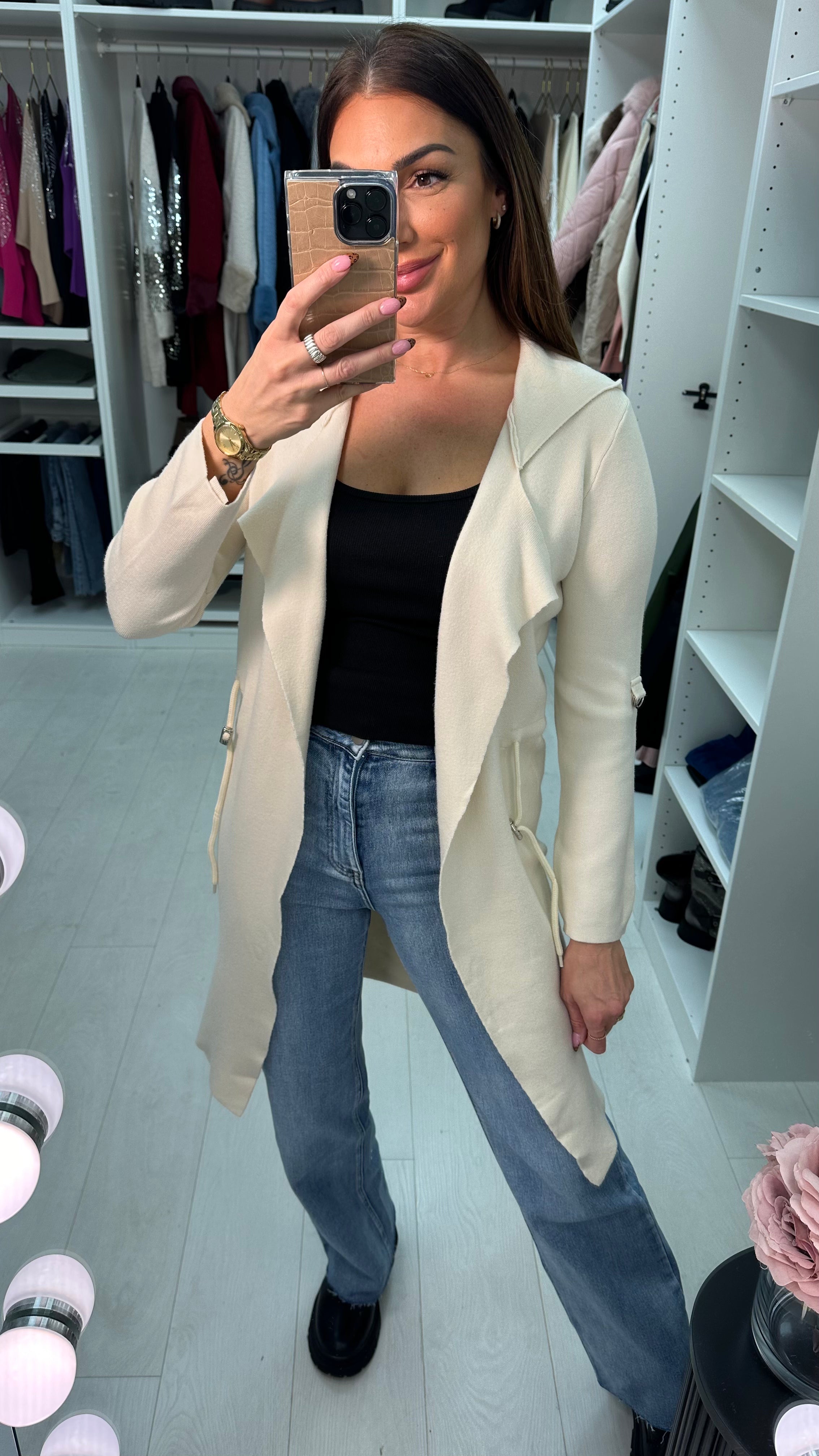 Pamala Drawstring Waist Hooded Cardigan