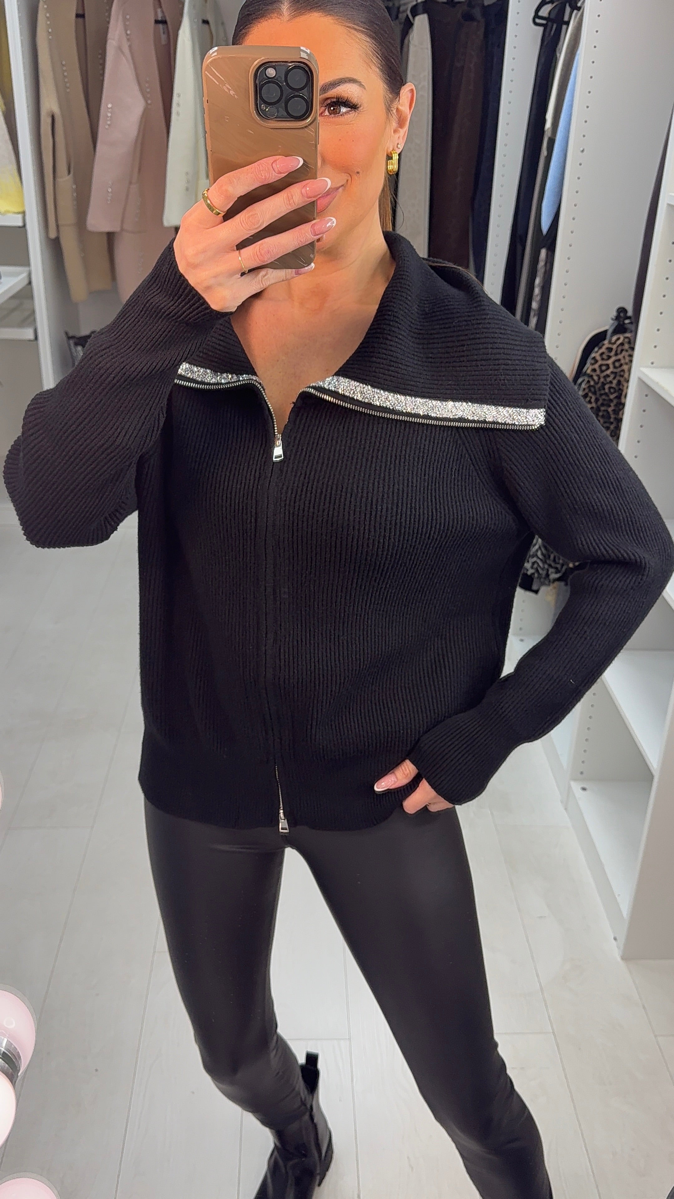 Dylan Embellished Collar Detail Zip Cardigan