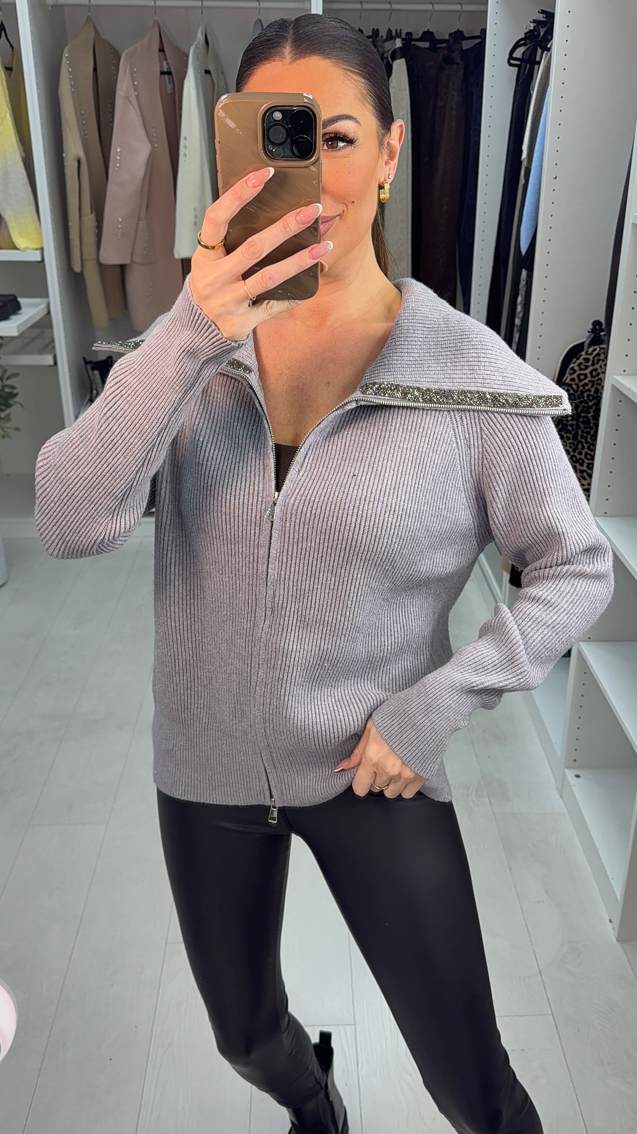 Dylan Embellished Collar Detail Zip Cardigan