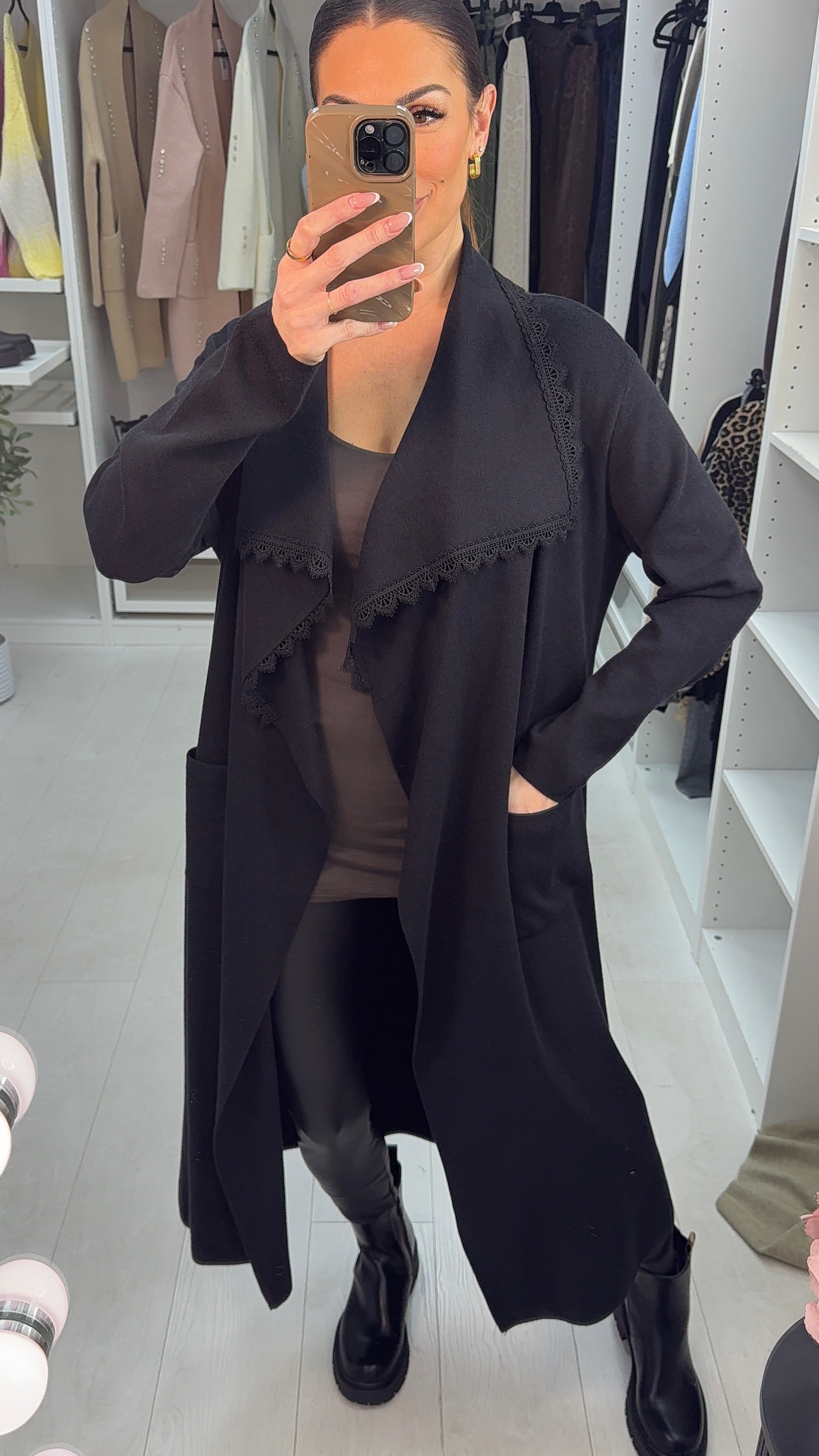 Ashleigh Plain Lace Trim Waterfall Cardi Jacket