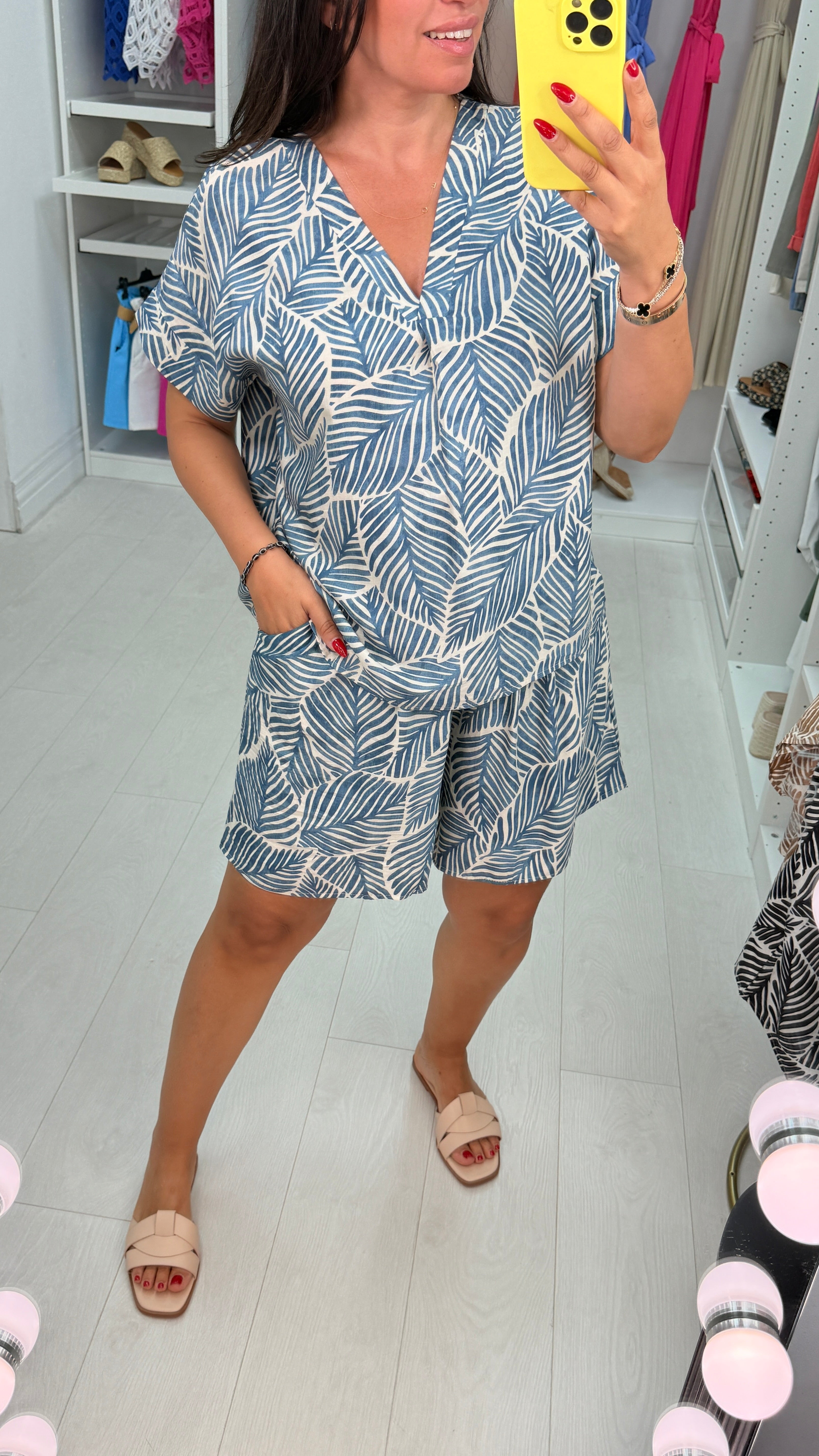 Delphine Leaf Print V Neck Shorts Co-Ord Set