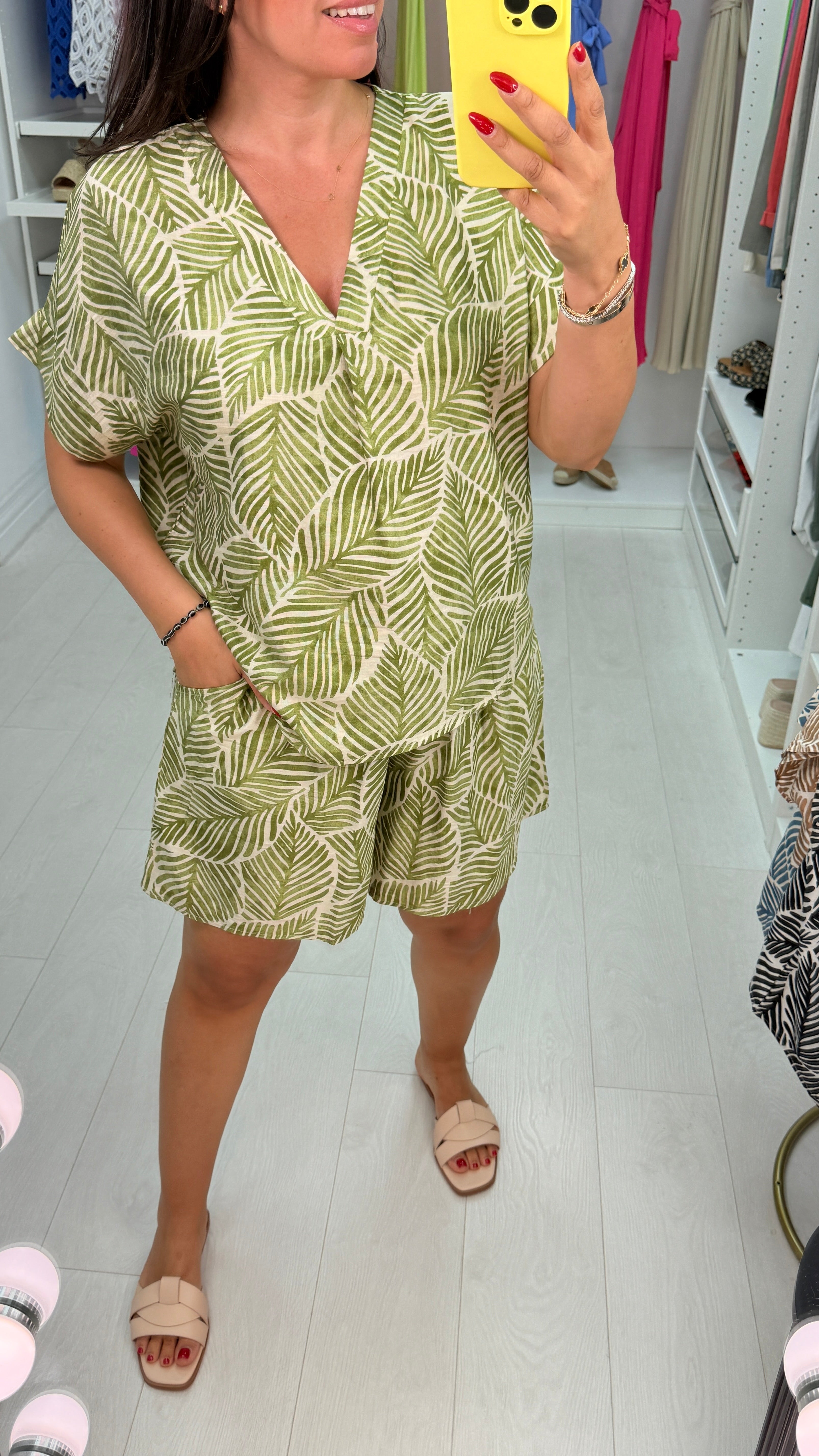 Delphine Leaf Print V Neck Shorts Co-Ord Set