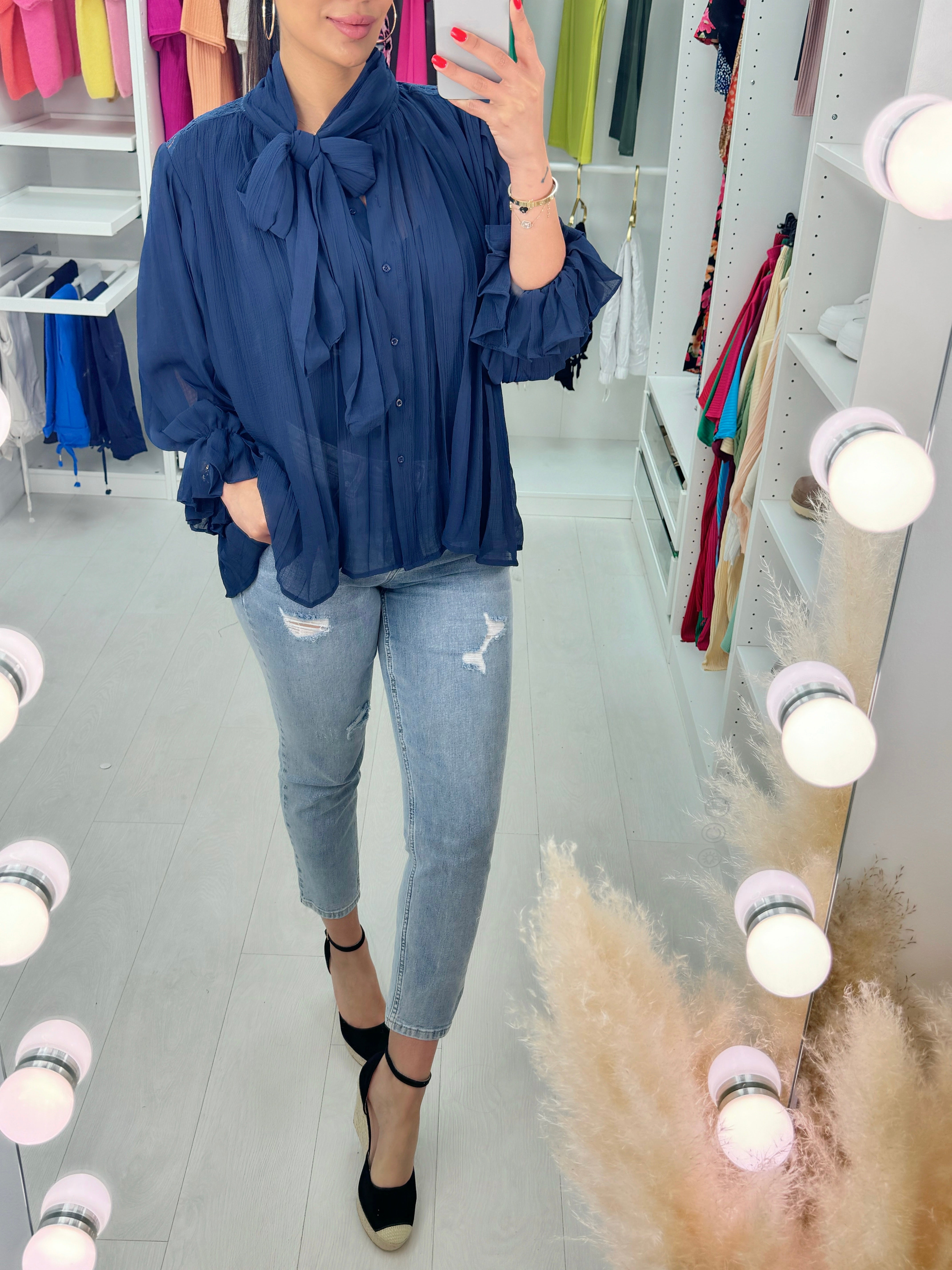 Sensation Sheer Plisse Pussybow Blouse