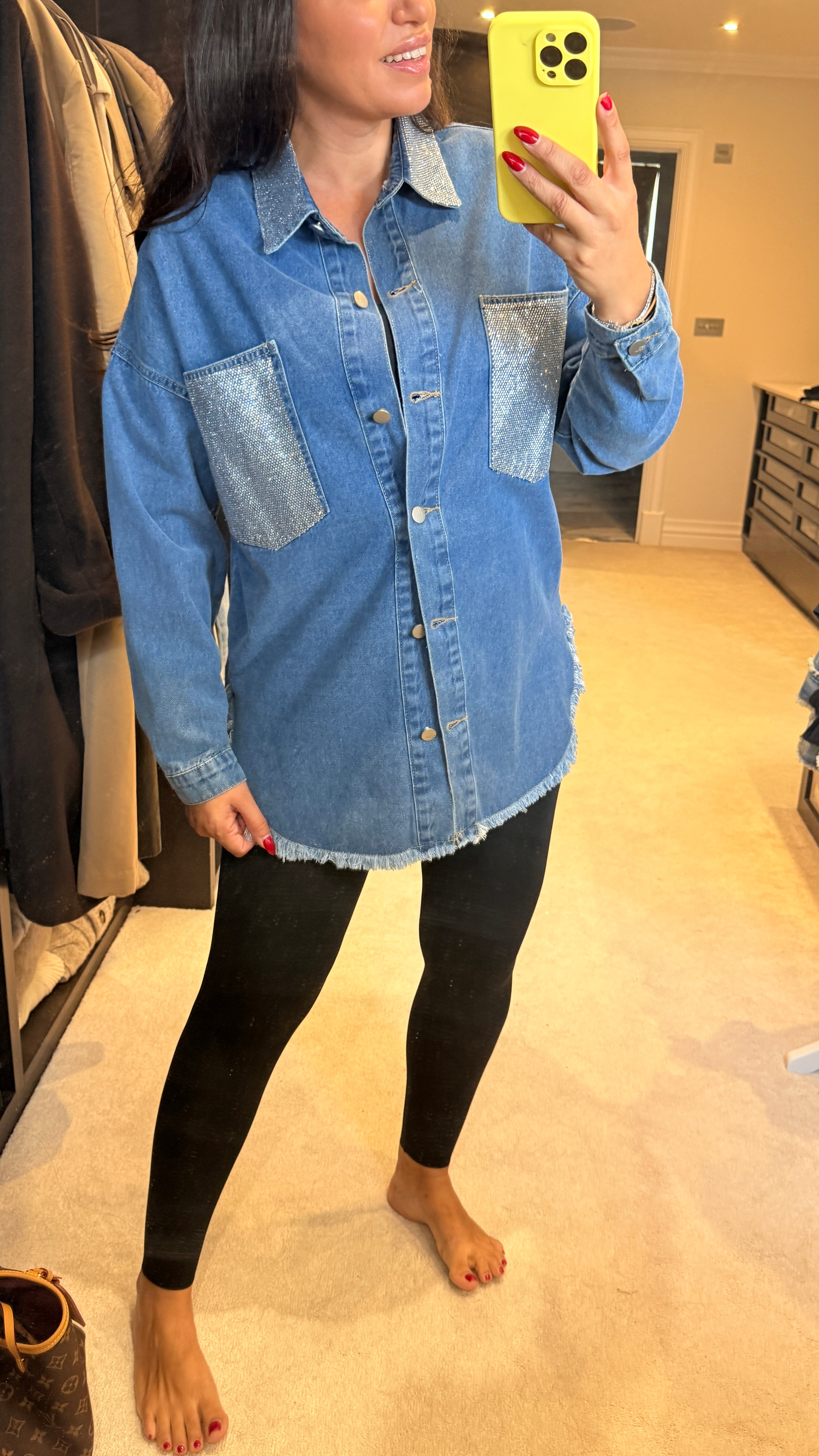 Jaclyn Diamante Detail Longline Denim Longline Shirt