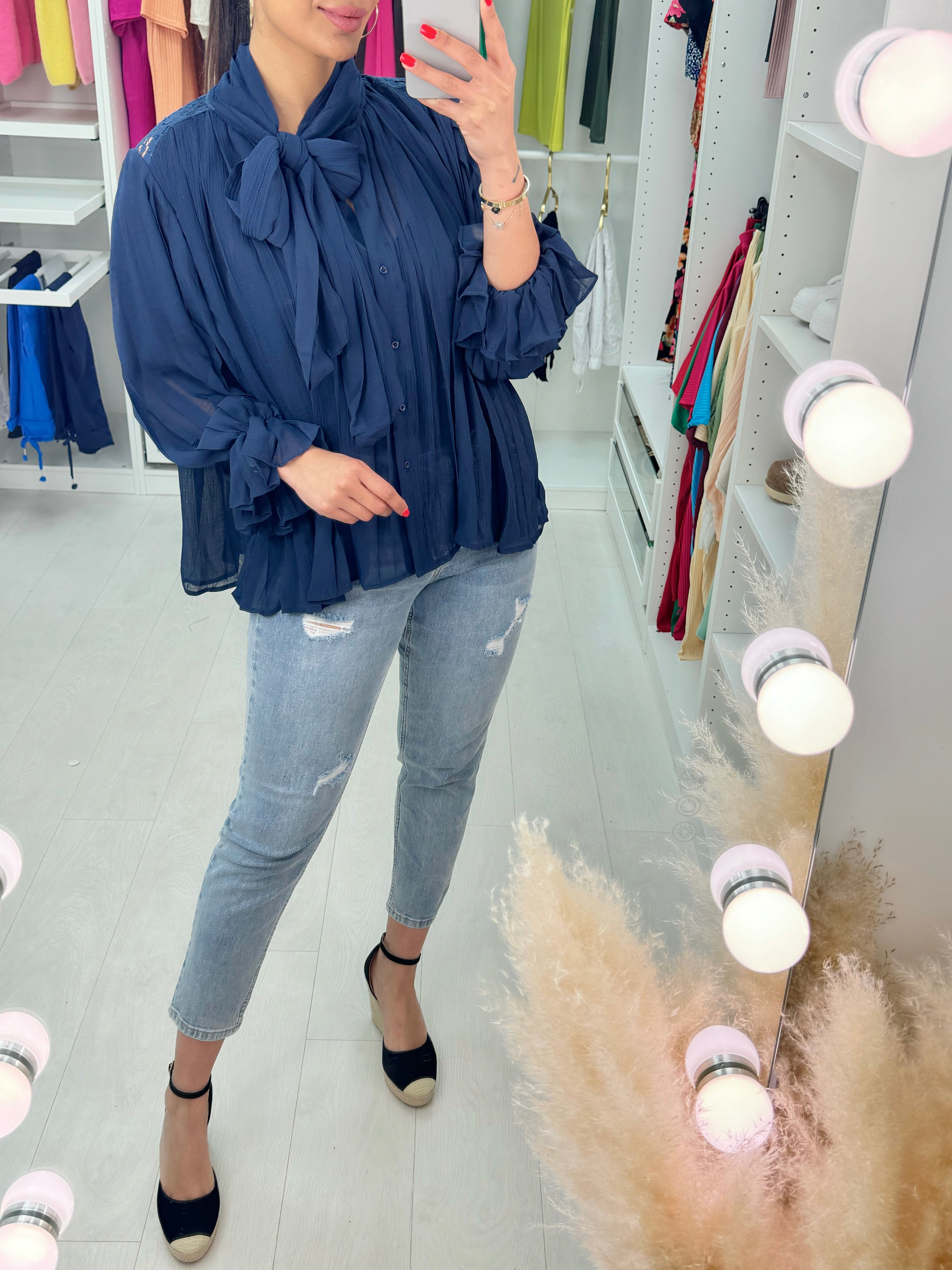 Sensation Sheer Plisse Pussybow Blouse