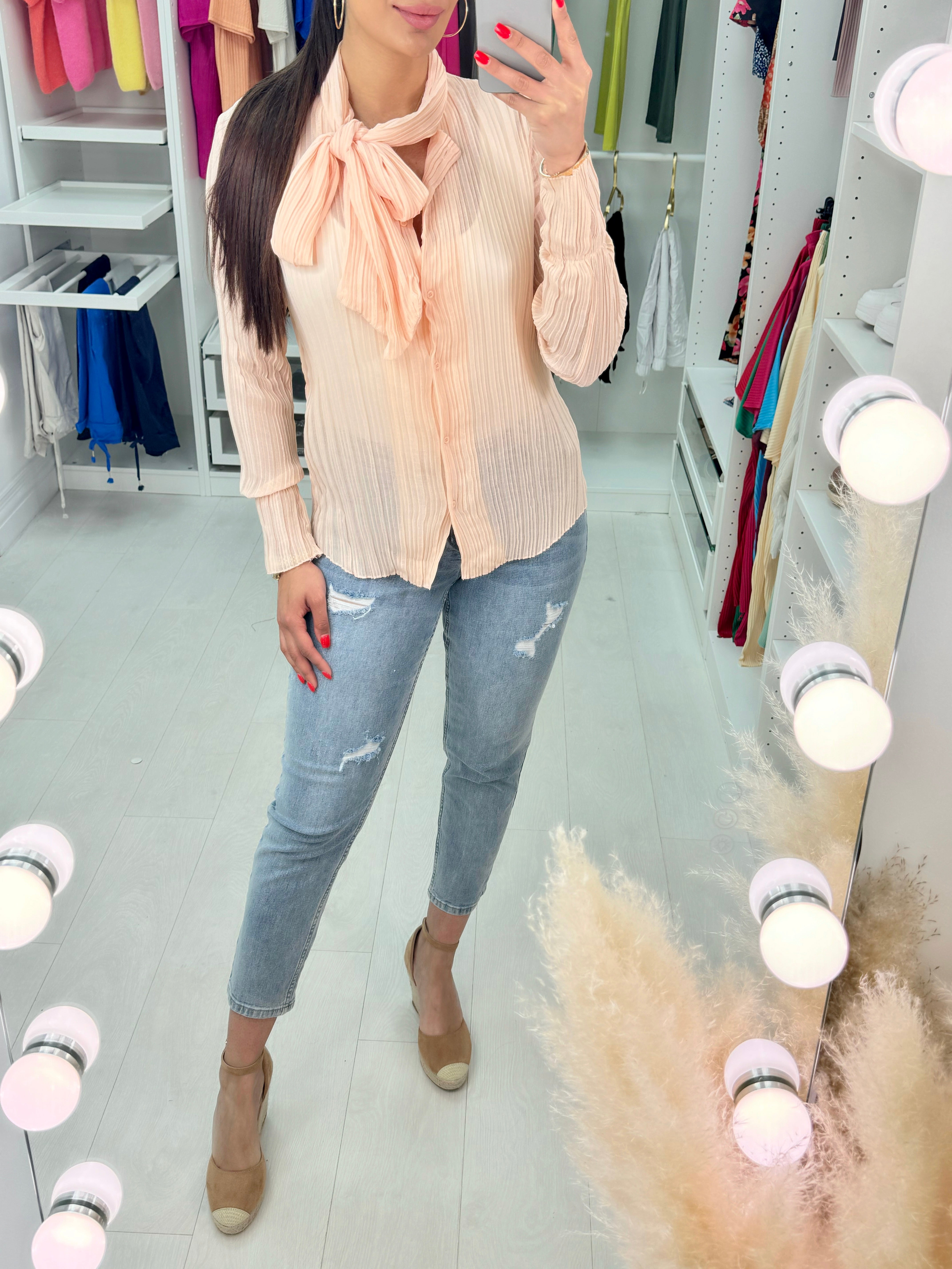 Sensation Sheer Plisse Pussybow Blouse