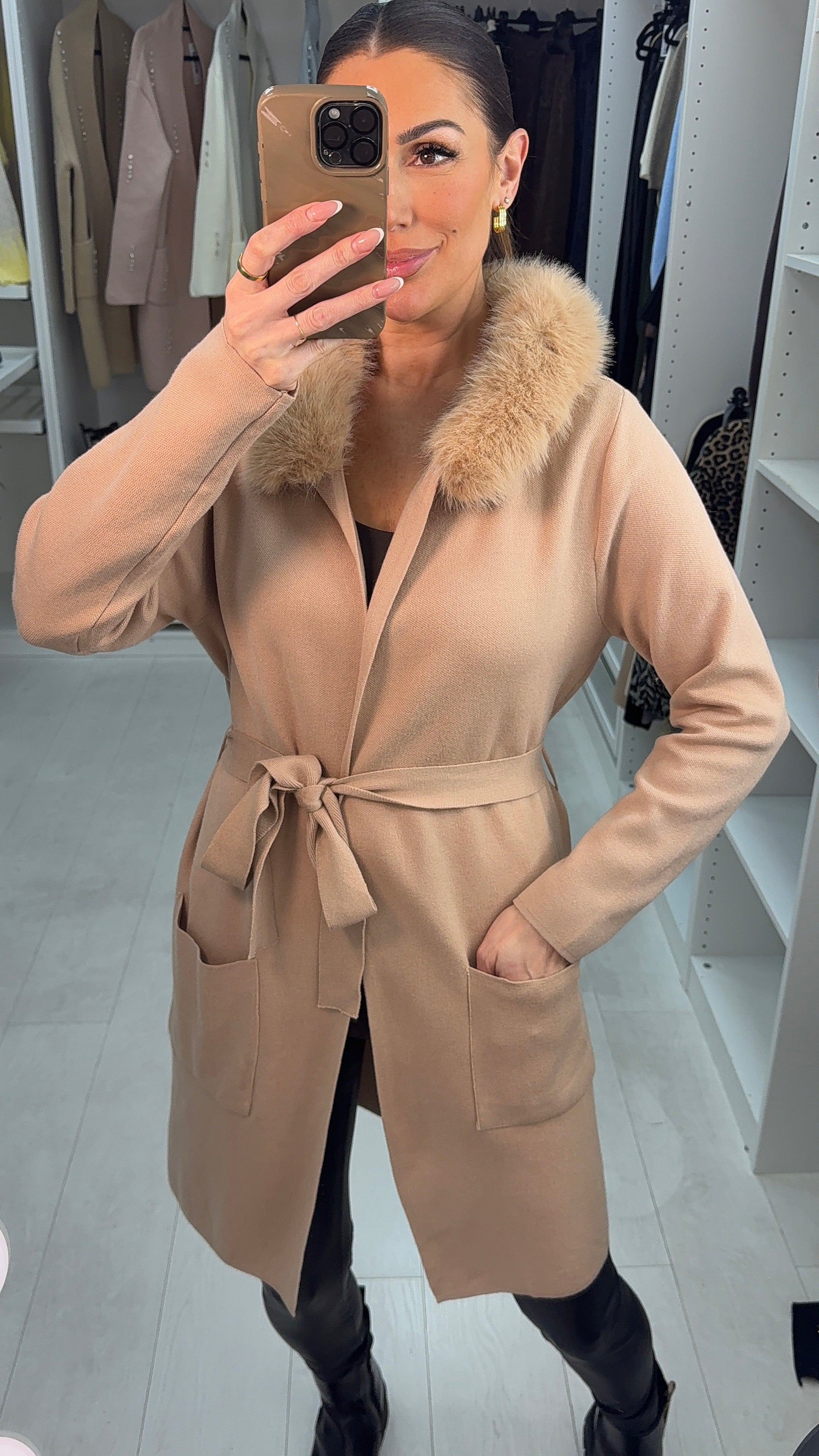 Skylana Plain Faux Fur Hooded Longline Cardigan