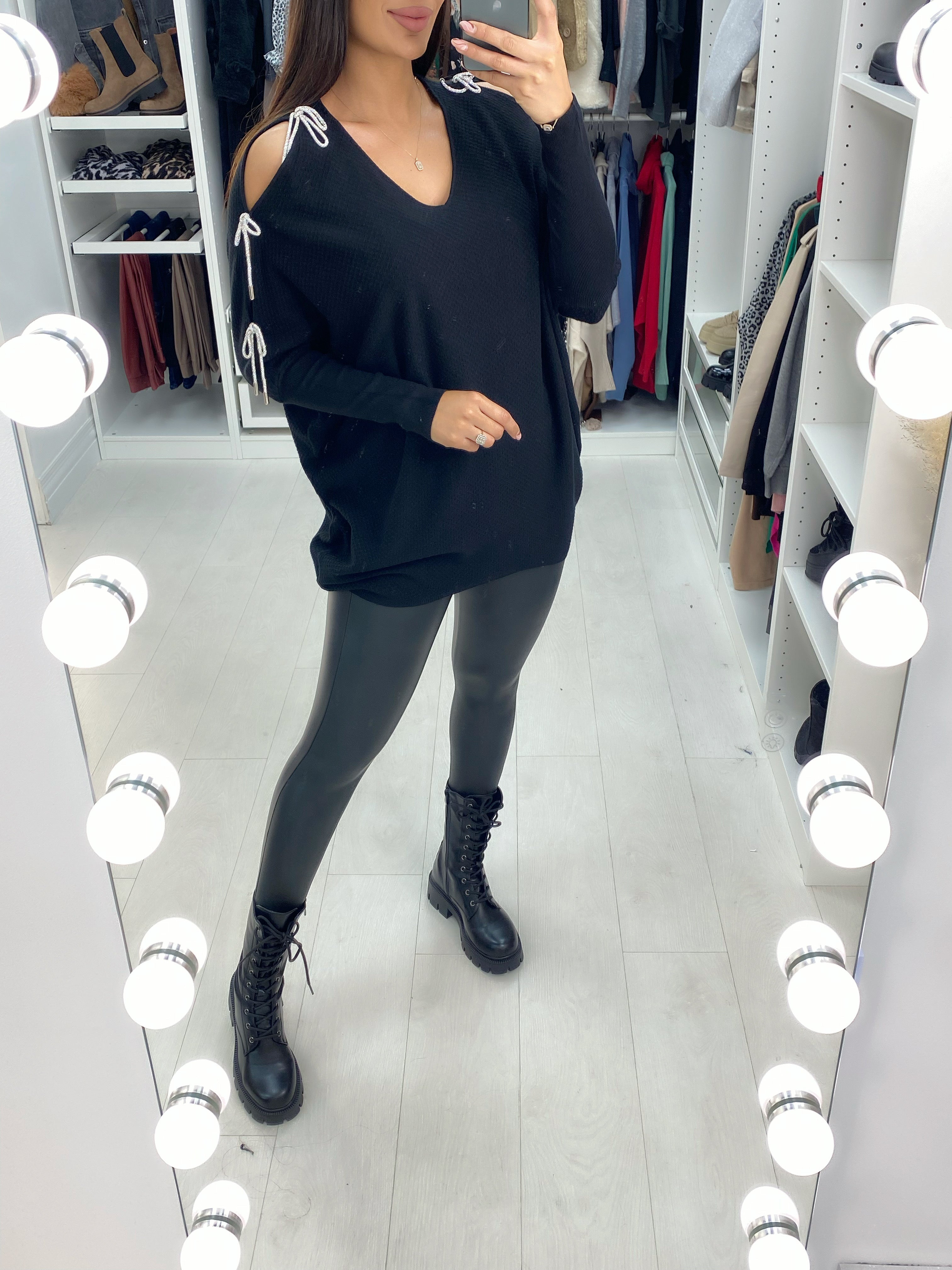 Adria Cold Shoulder Metallic Diamante Bow Jumper