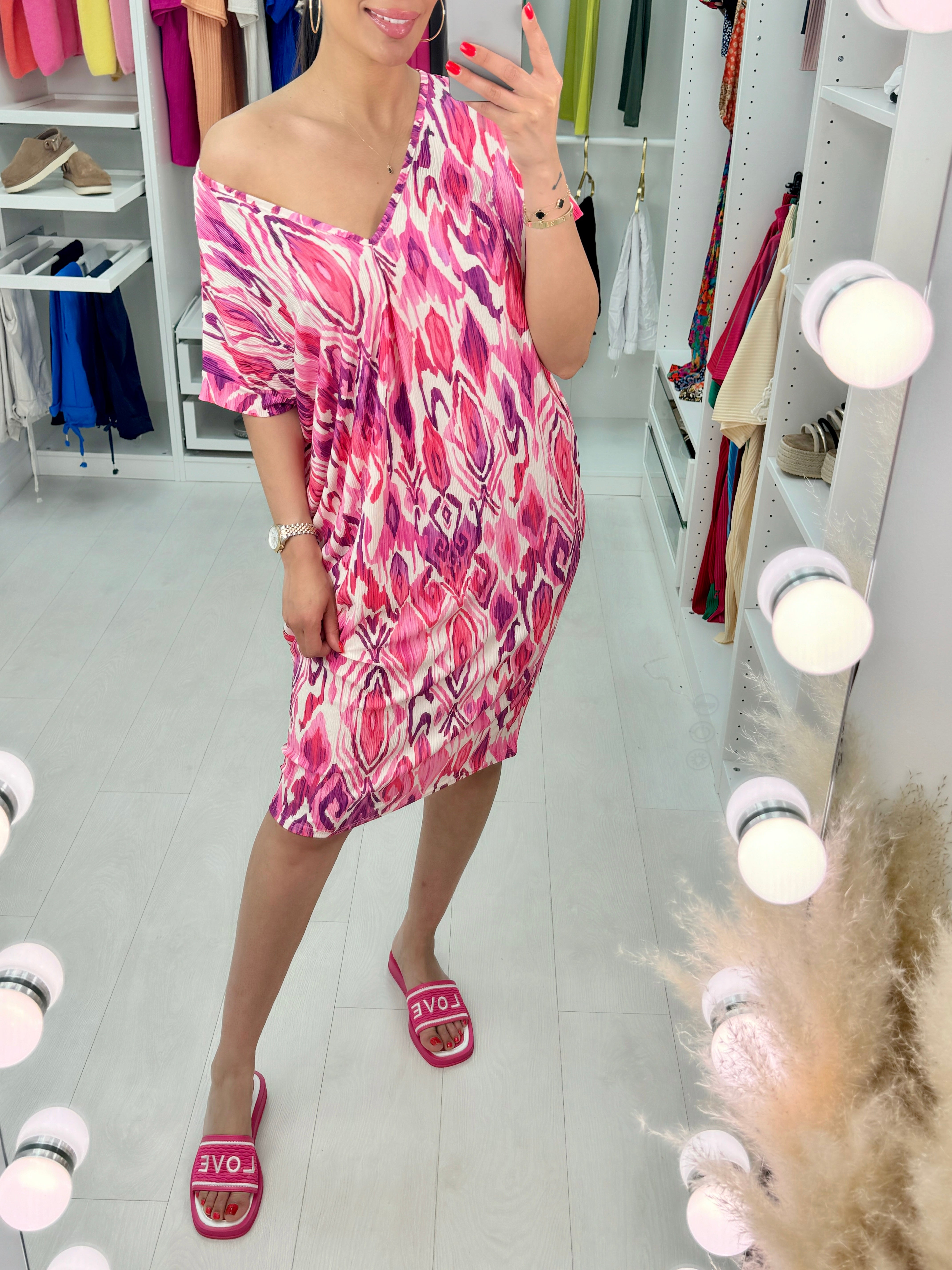 Melania Pleated Abstract Print Dress