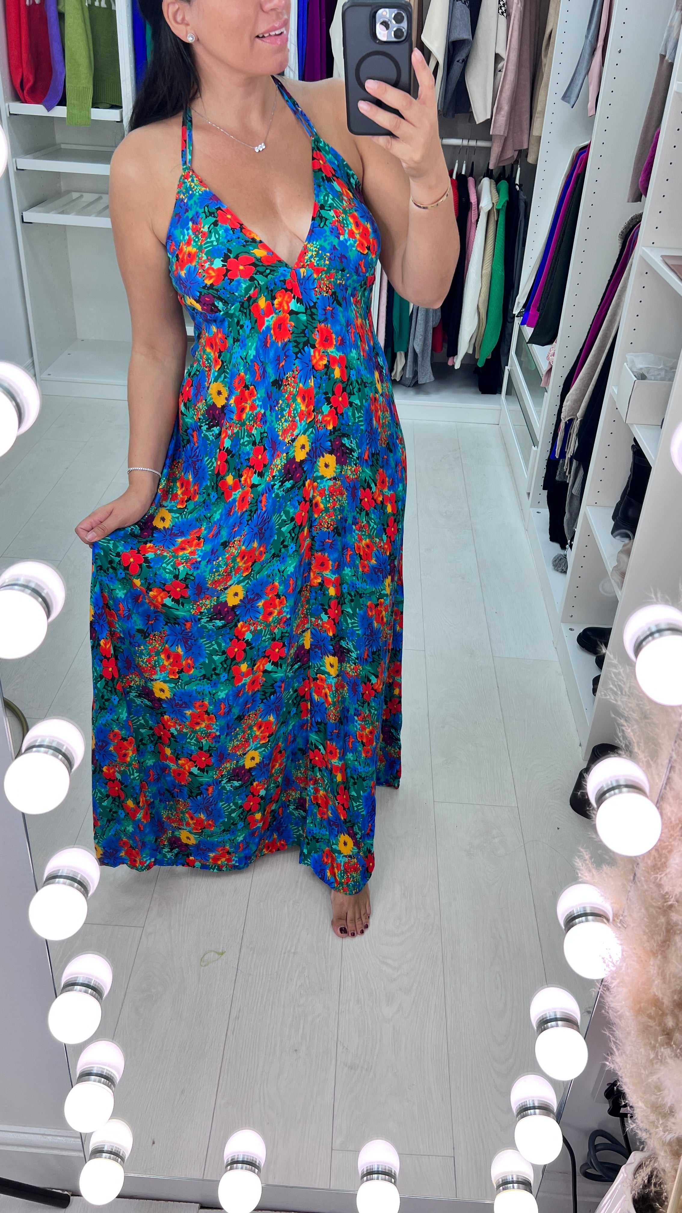 Suranne Royal Blue Deep V Back Floral Maxi Dress