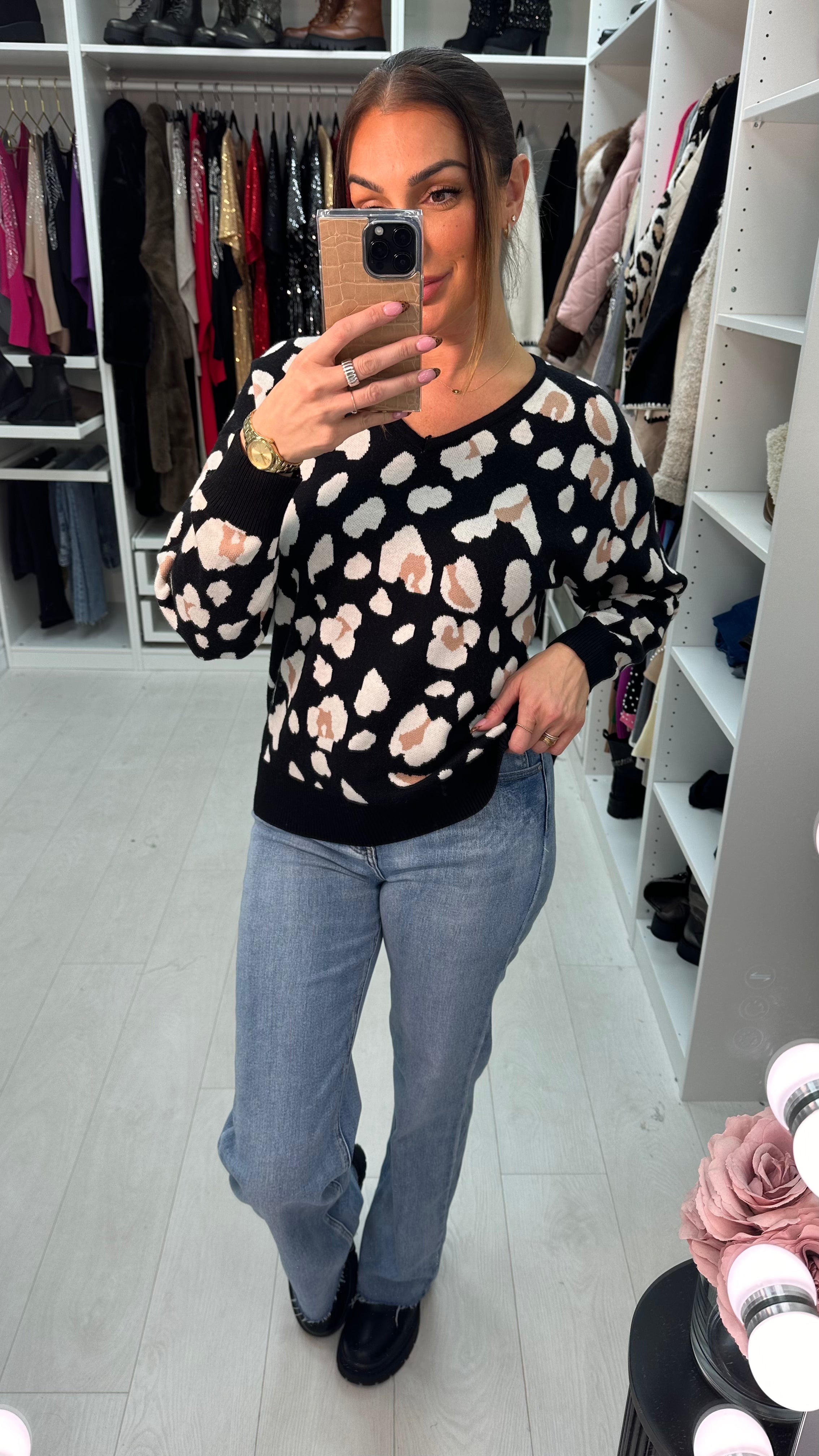 Hazel Leopard print V Neck Knit Jumper