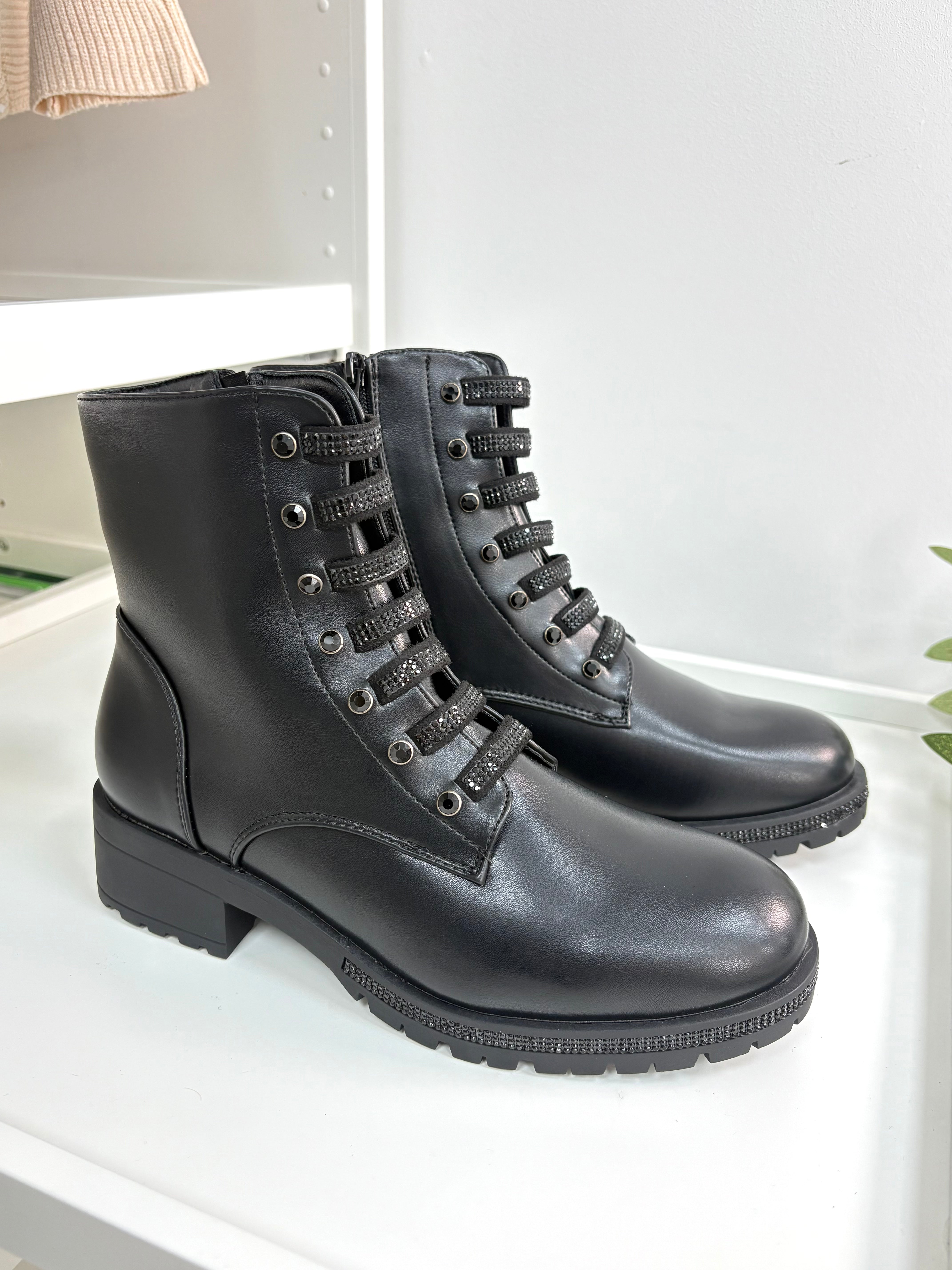 Jody Faux Leather Diamanté Chunky Biker Boots