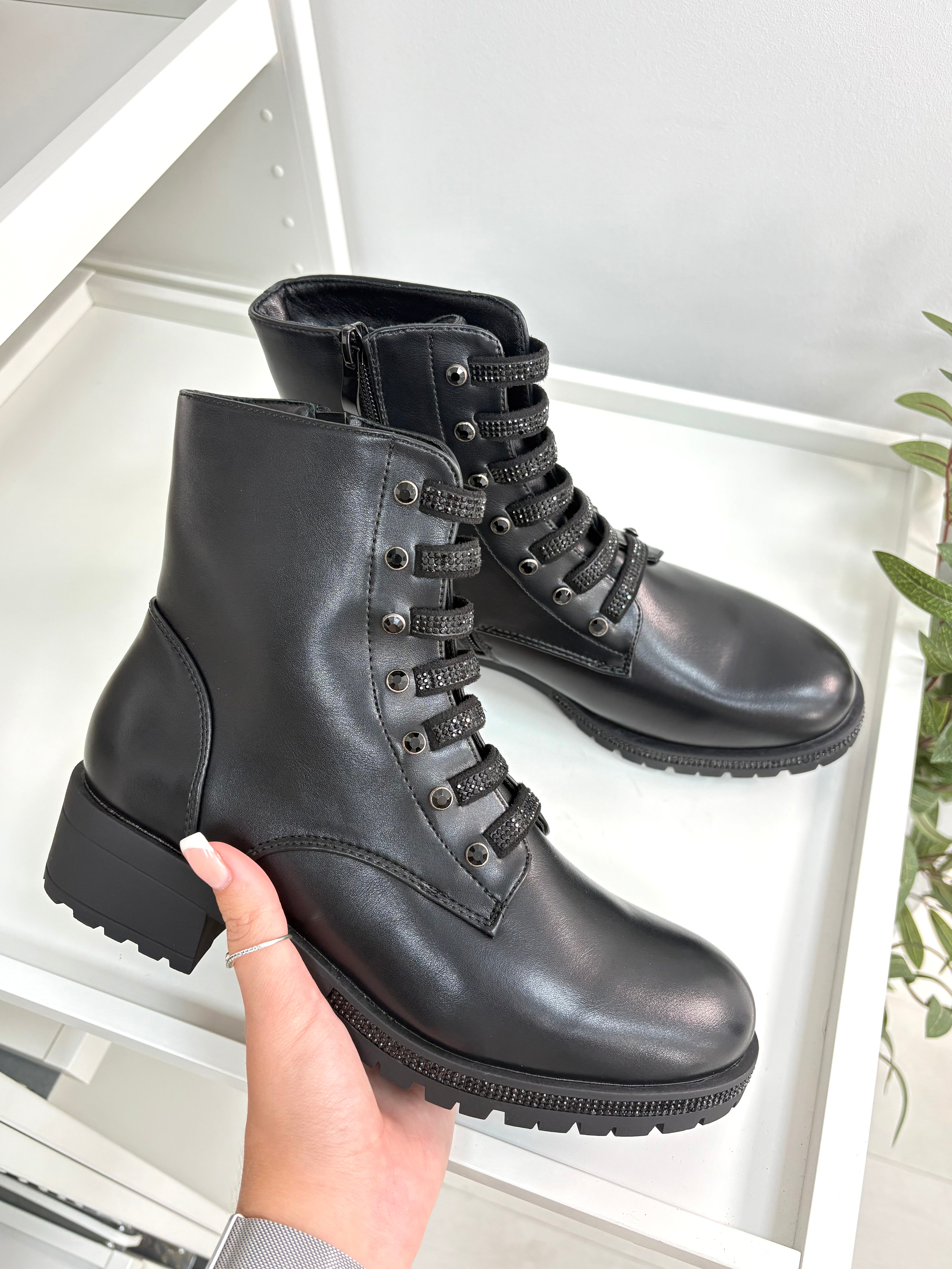 Jody Faux Leather Diamanté Chunky Biker Boots