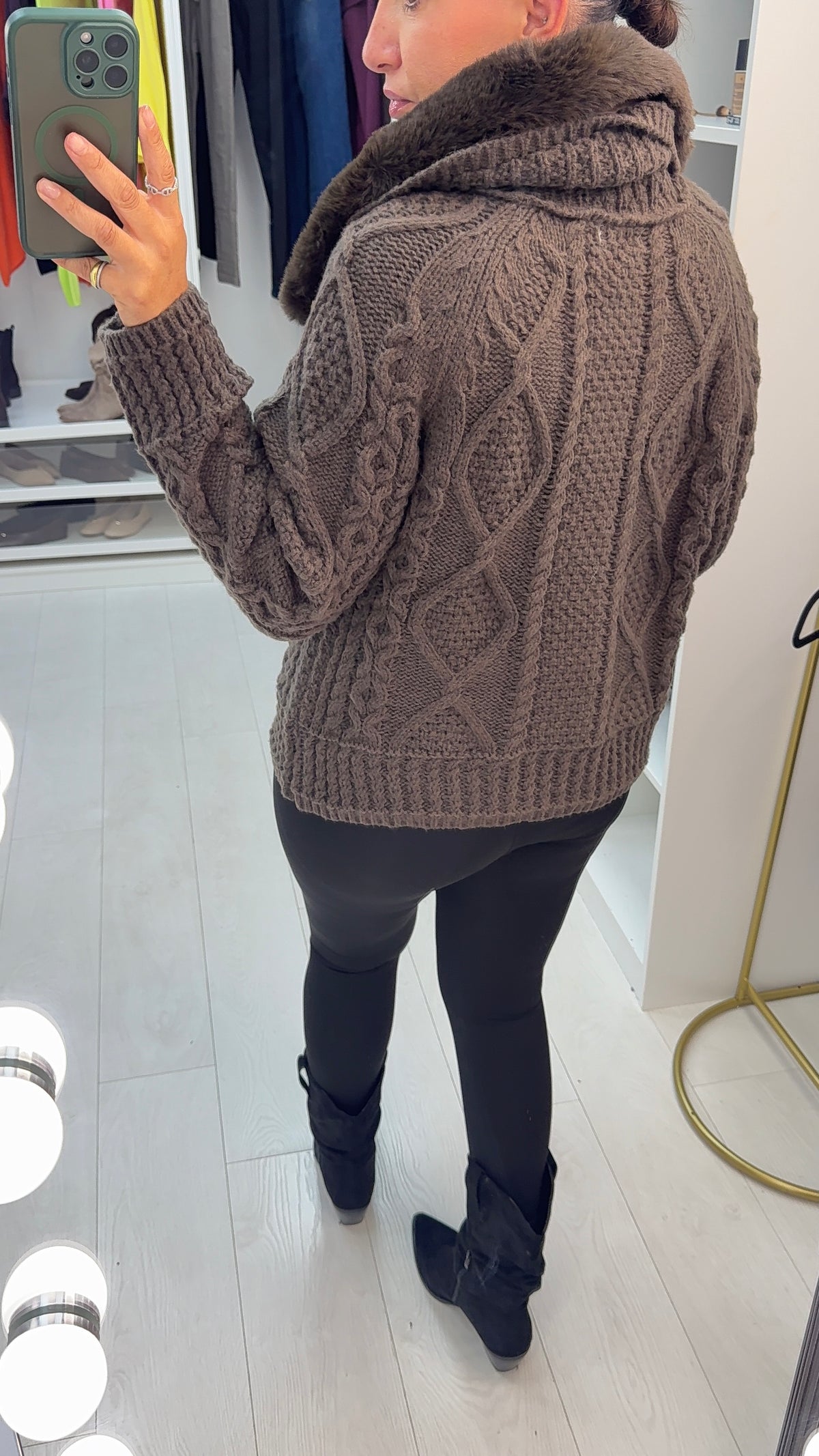 Taya Faux Fur Collar Cable Knit Cardigan