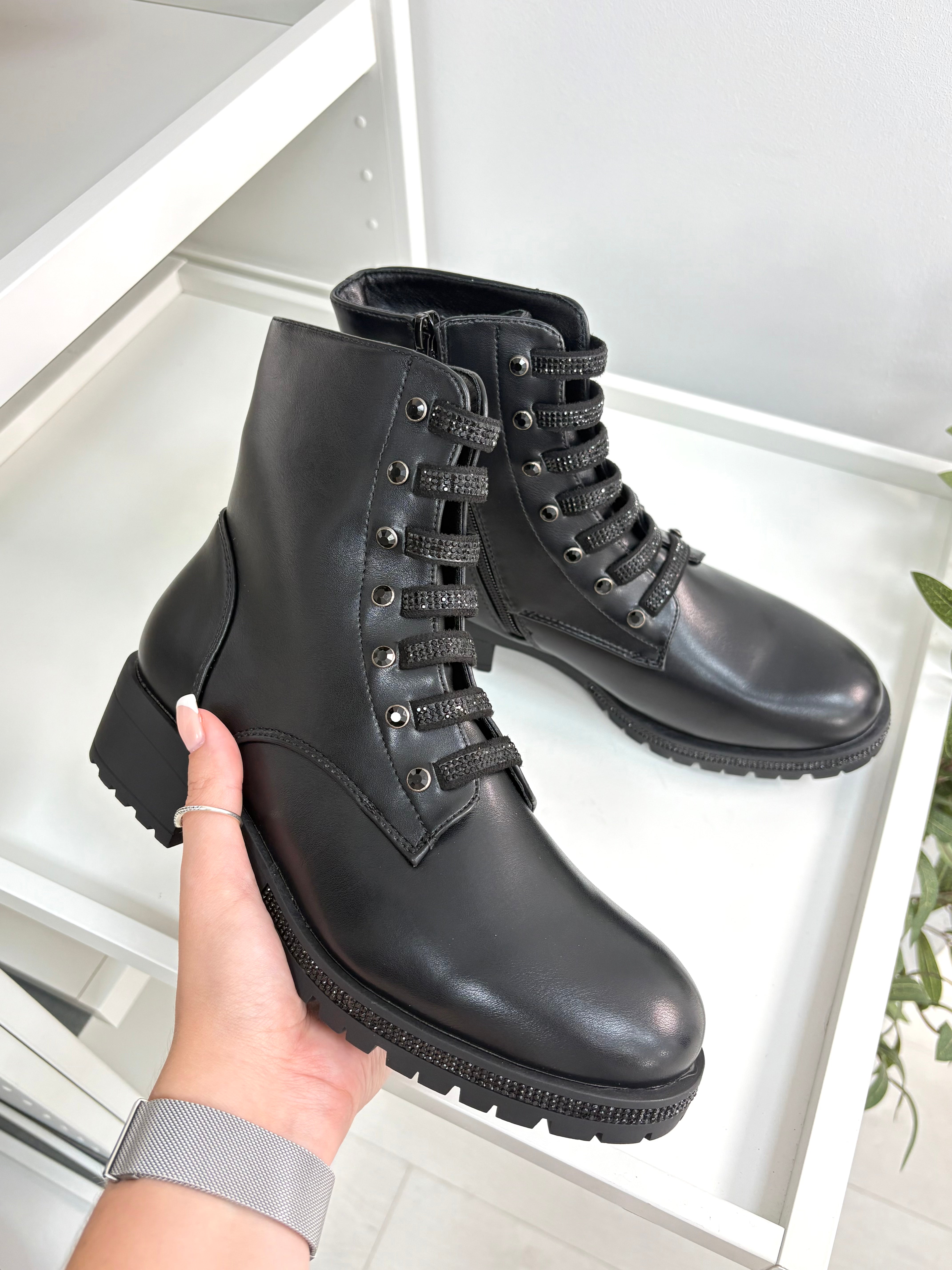 Jody Faux Leather Diamanté Chunky Biker Boots