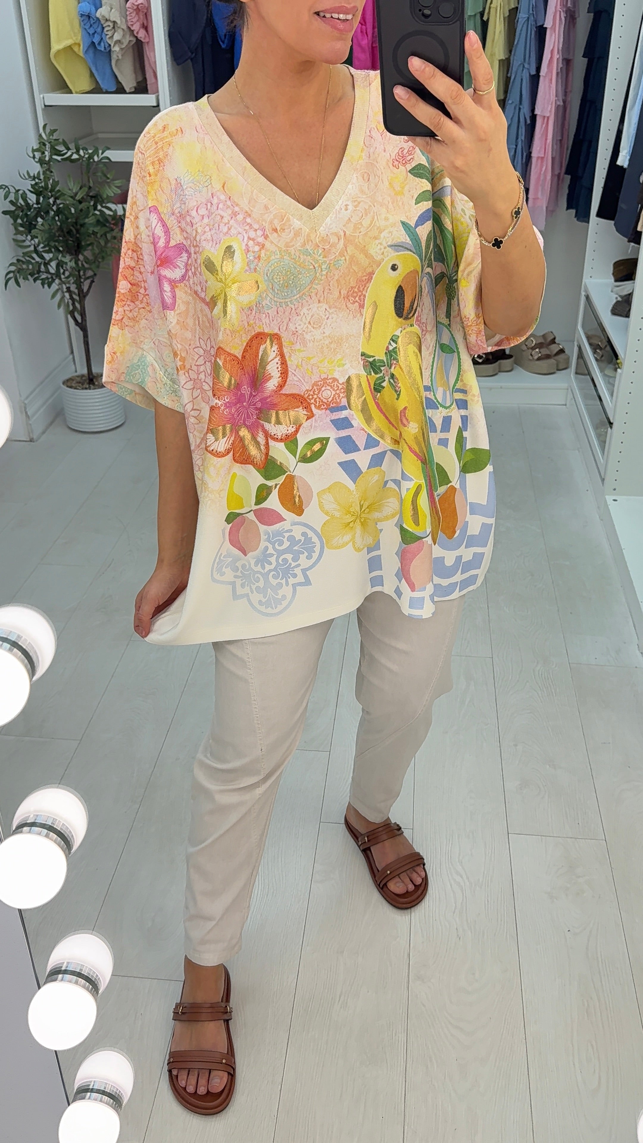 Camille Parrot Print Loose Fit V Neck Top